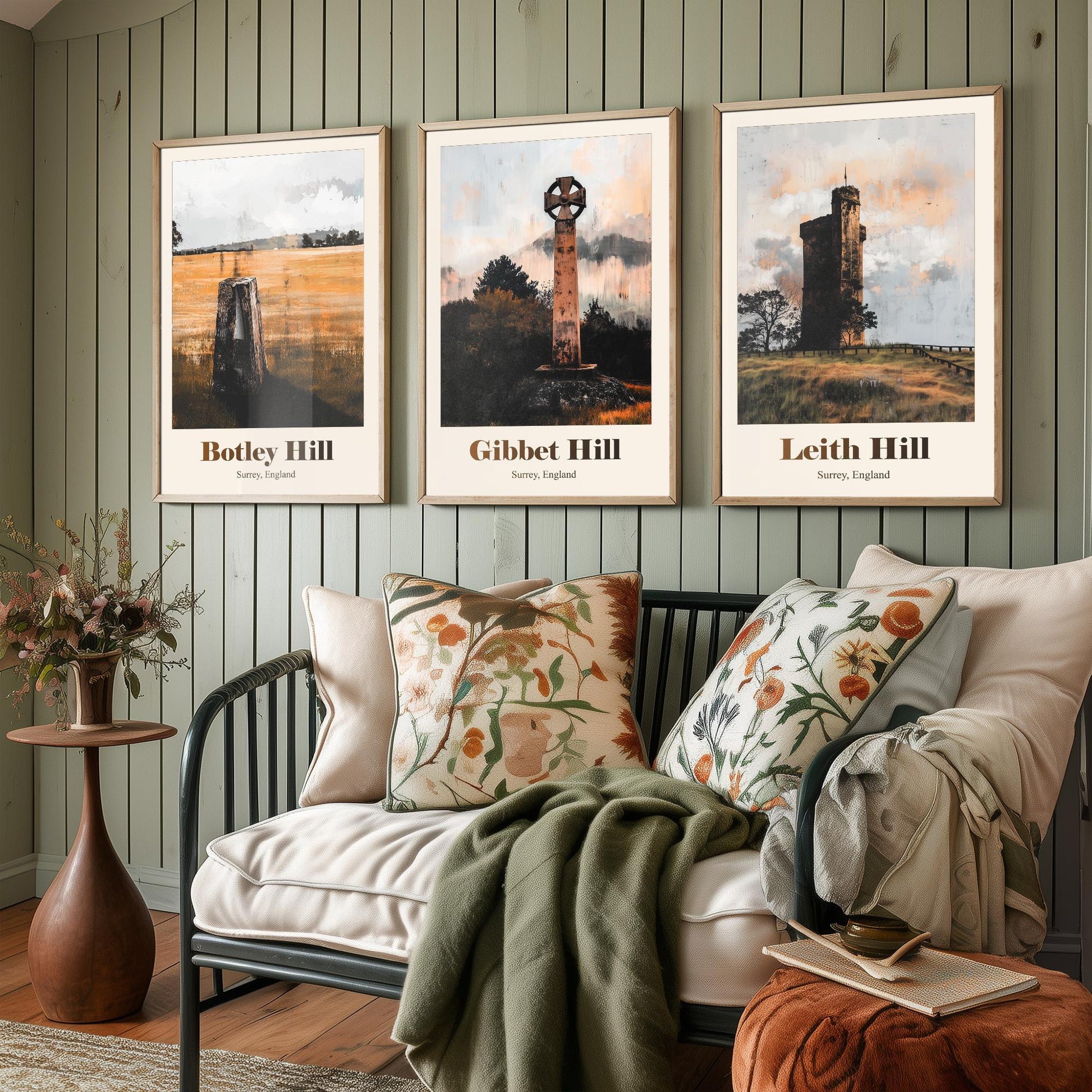 Surrey England Set of Three Art Prints - Botley Hill, Gibbet Hill, Leith Hill - 3 Hills Poster Landscape Painting Gift Map