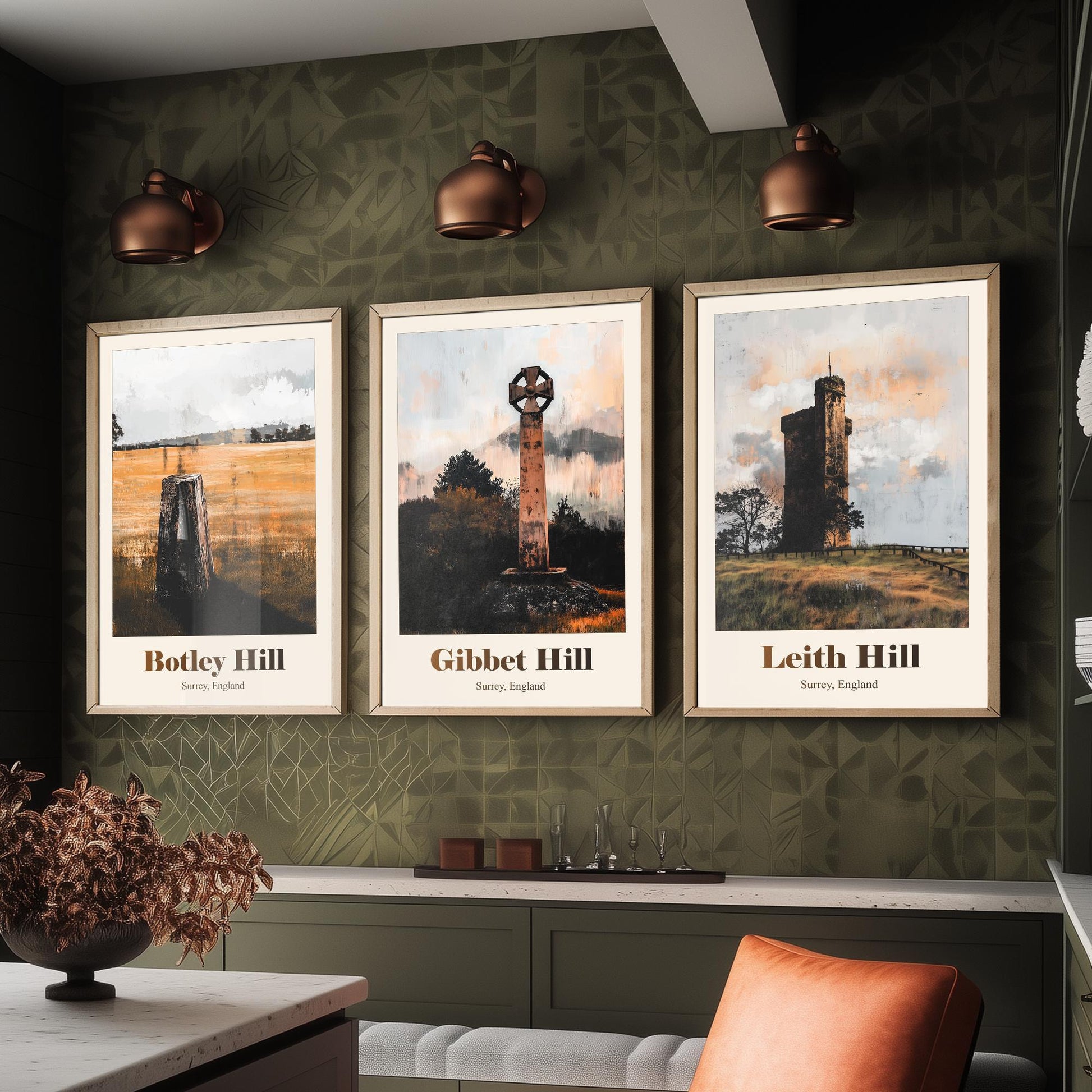 Surrey England Set of Three Art Prints - Botley Hill, Gibbet Hill, Leith Hill - 3 Hills Poster Landscape Painting Gift Map
