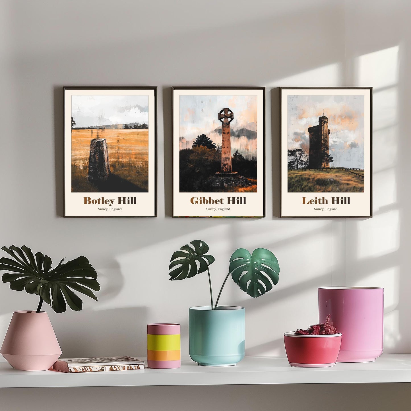 Surrey England Set of Three Art Prints - Botley Hill, Gibbet Hill, Leith Hill - 3 Hills Poster Landscape Painting Gift Map