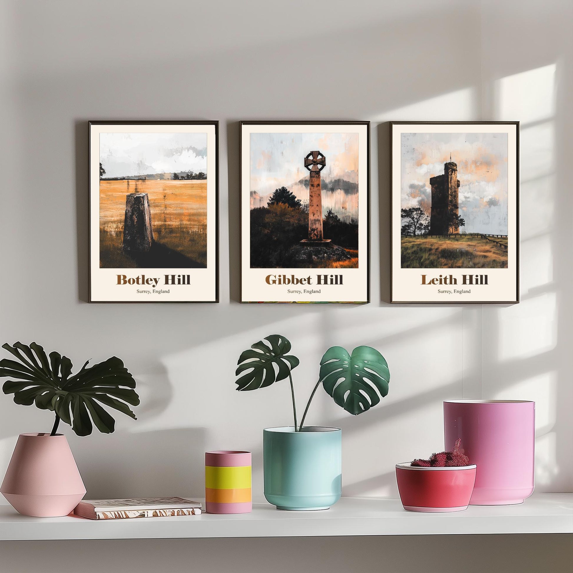 Surrey England Set of Three Art Prints - Botley Hill, Gibbet Hill, Leith Hill - 3 Hills Poster Landscape Painting Gift Map