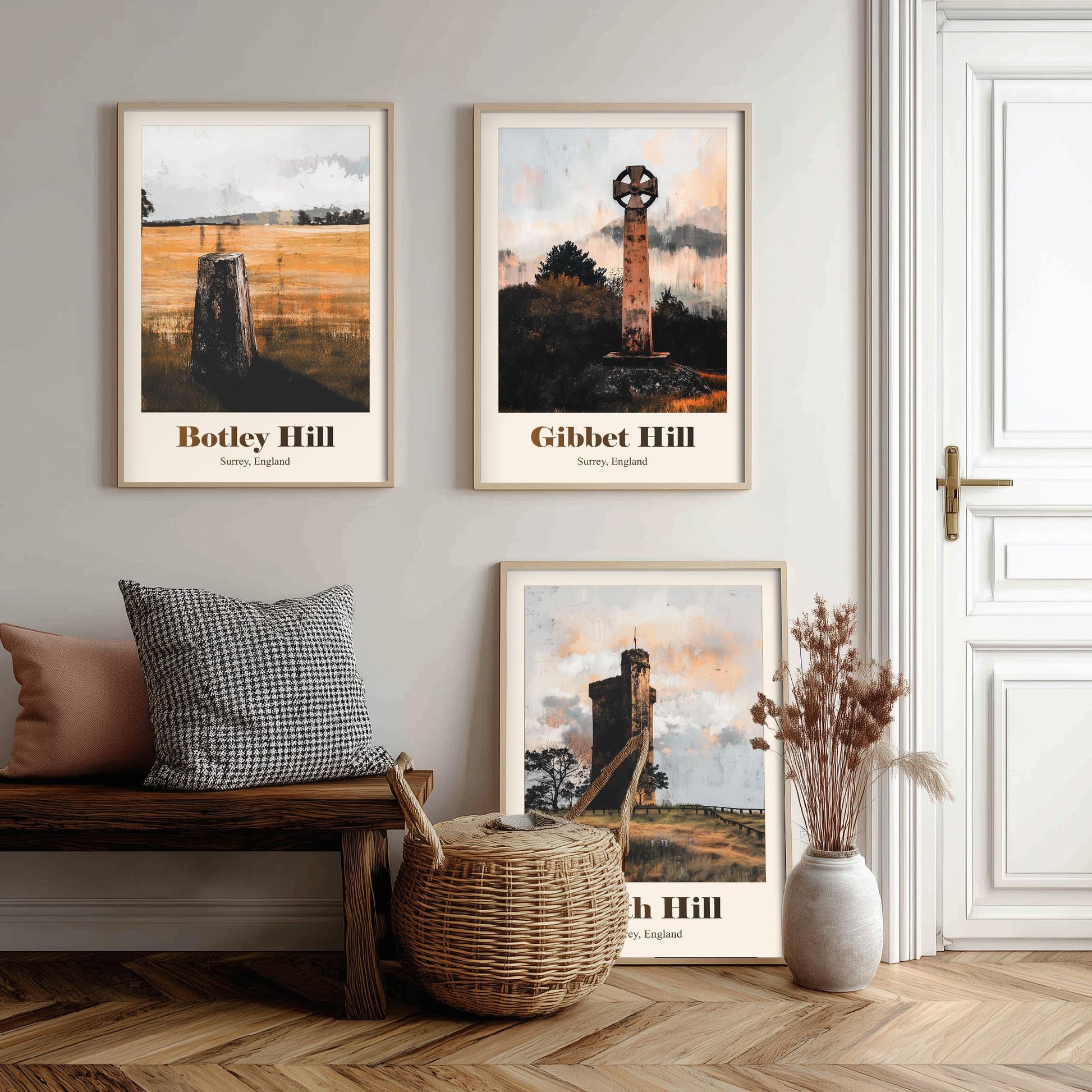 Surrey England Set of Three Art Prints - Botley Hill, Gibbet Hill, Leith Hill - 3 Hills Poster Landscape Painting Gift Map