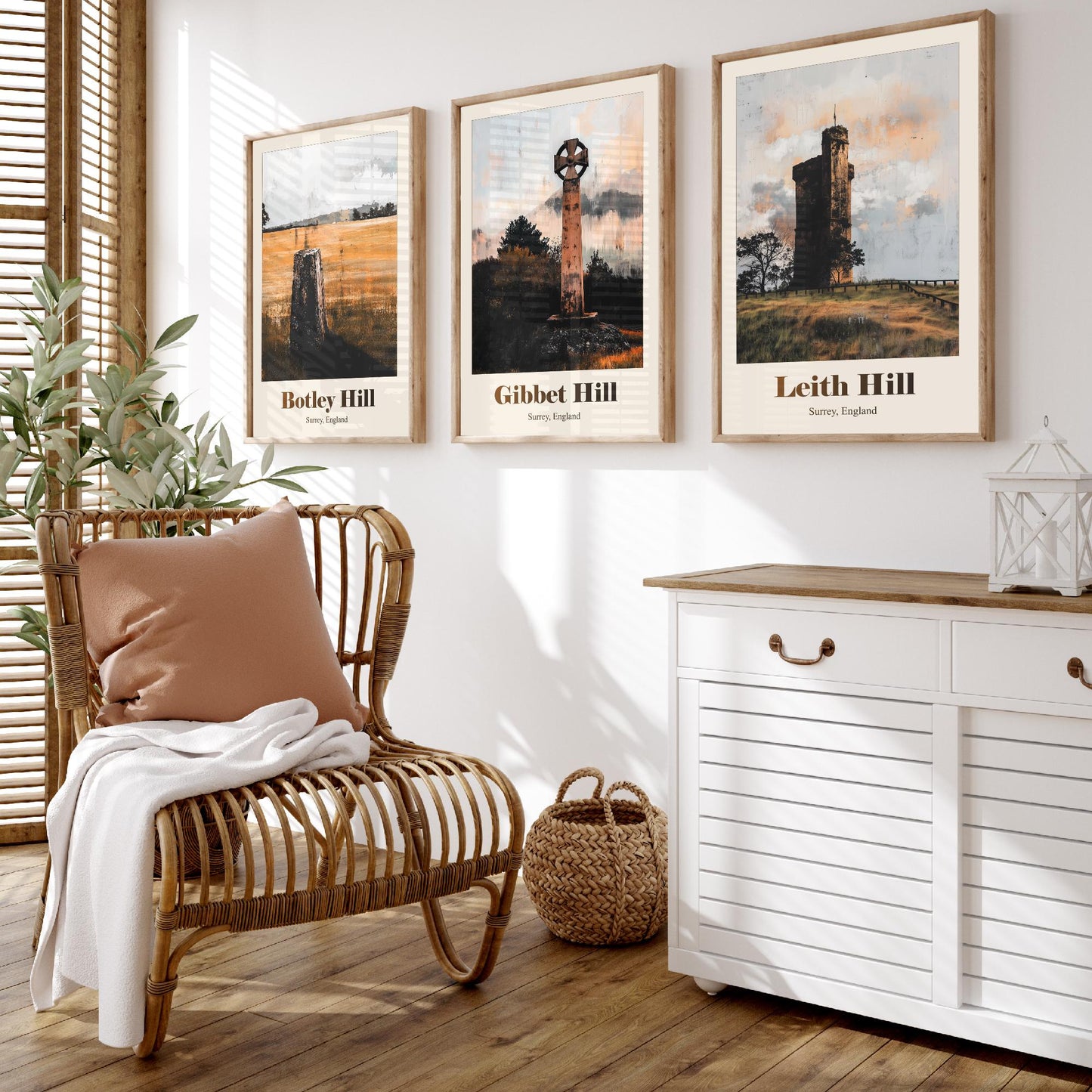 Surrey England Set of Three Art Prints - Botley Hill, Gibbet Hill, Leith Hill - 3 Hills Poster Landscape Painting Gift Map
