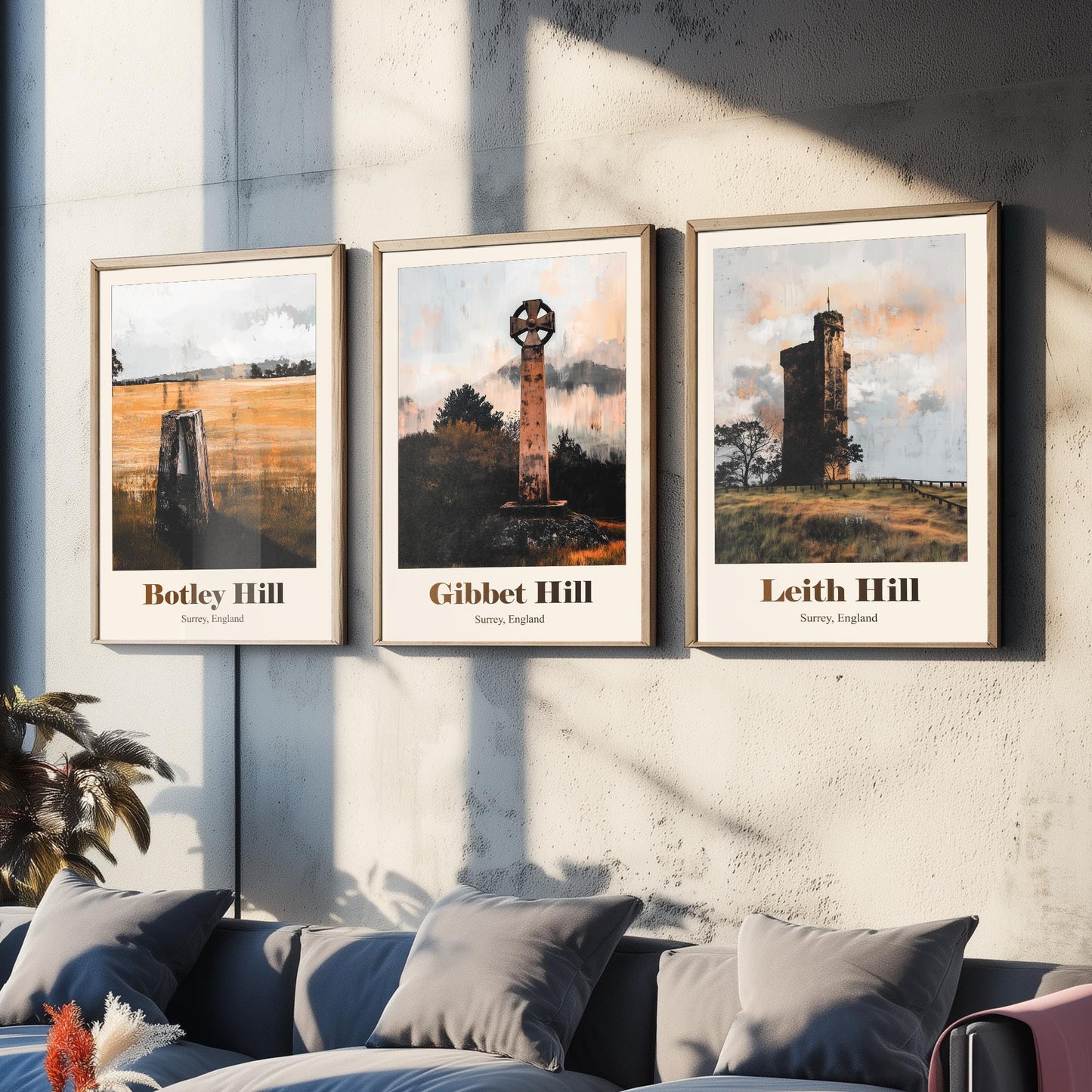 Surrey England Set of Three Art Prints - Botley Hill, Gibbet Hill, Leith Hill - 3 Hills Poster Landscape Painting Gift Map