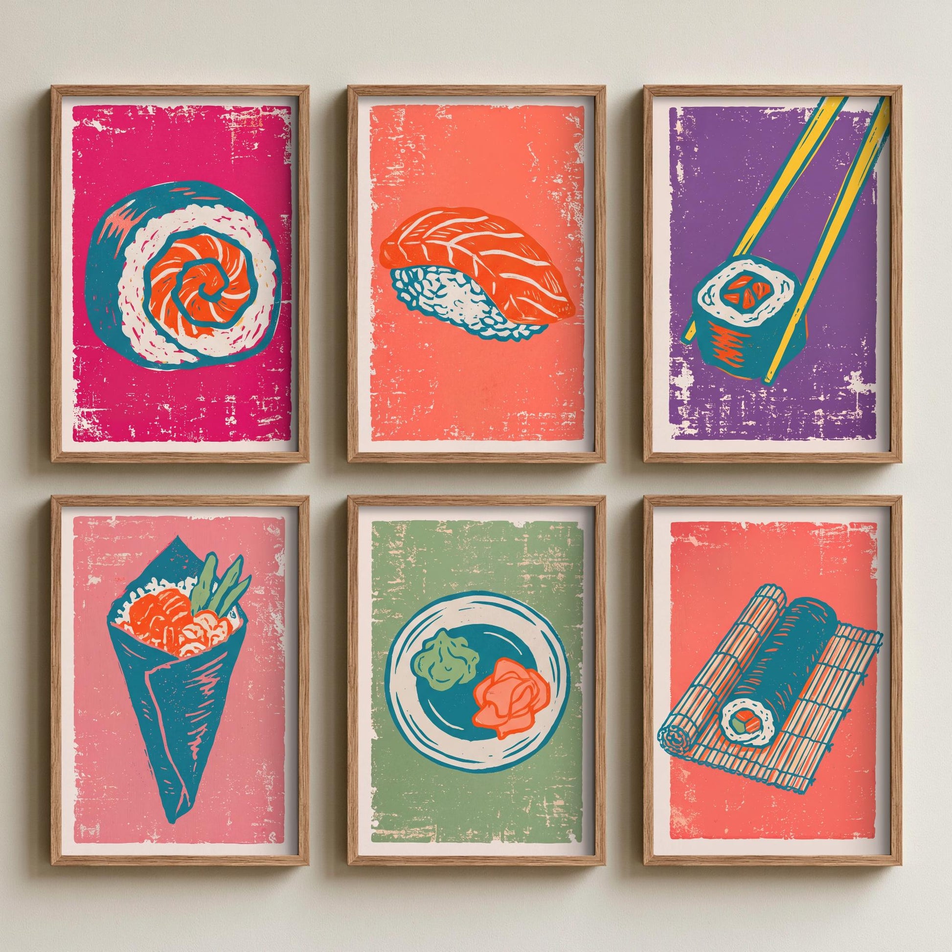Set of Six Sushi Art Prints - 6 Linocut Illustrations - Maki Roll, Salmon Nigiri, Chopsticks, Temaki, Wasabi and Ginger, Bamboo Mat Posters