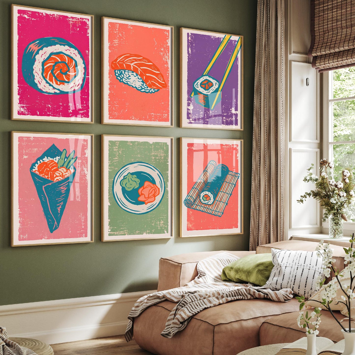 Set of Six Sushi Art Prints - 6 Linocut Illustrations - Maki Roll, Salmon Nigiri, Chopsticks, Temaki, Wasabi and Ginger, Bamboo Mat Posters