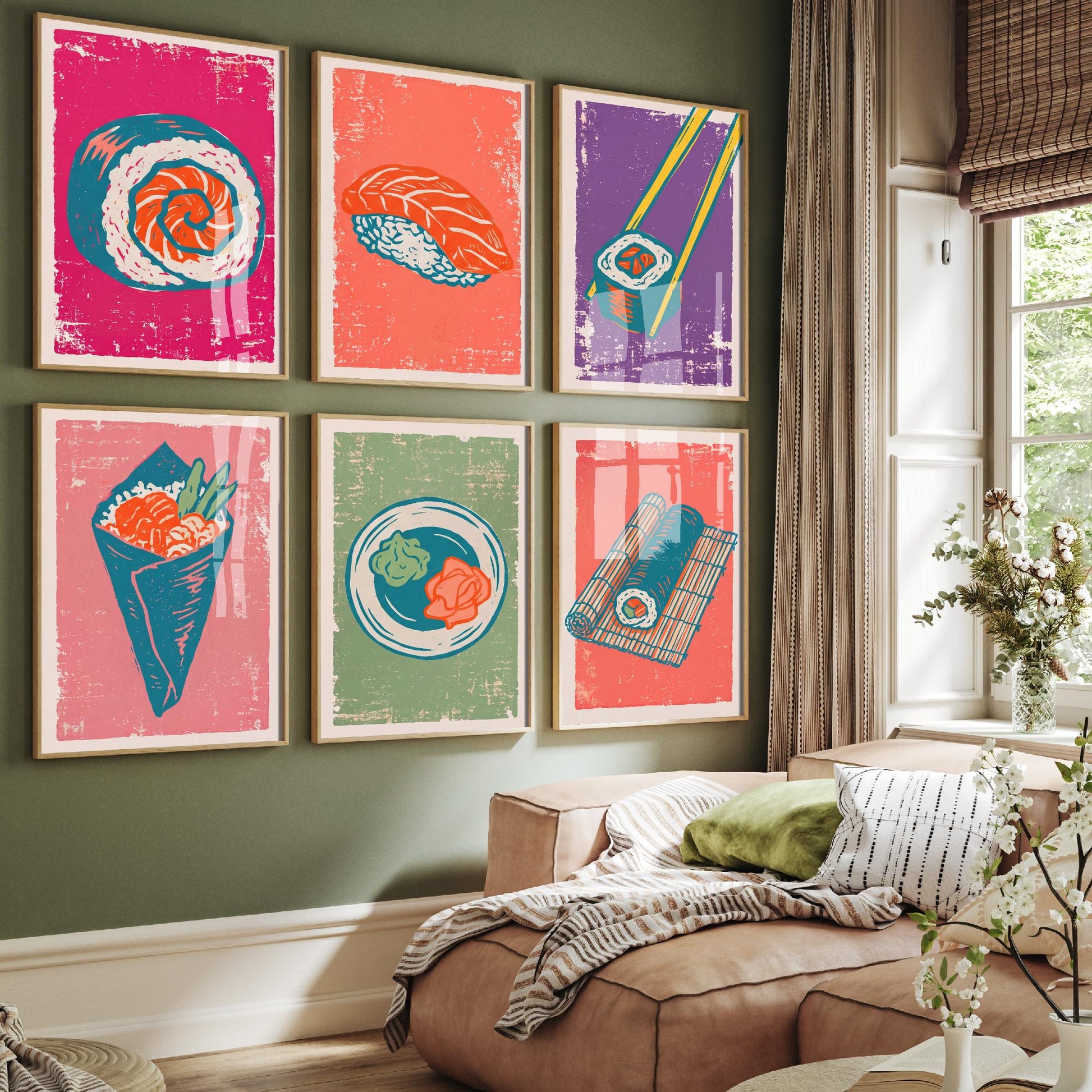Set of Six Sushi Art Prints - 6 Linocut Illustrations - Maki Roll, Salmon Nigiri, Chopsticks, Temaki, Wasabi and Ginger, Bamboo Mat Posters