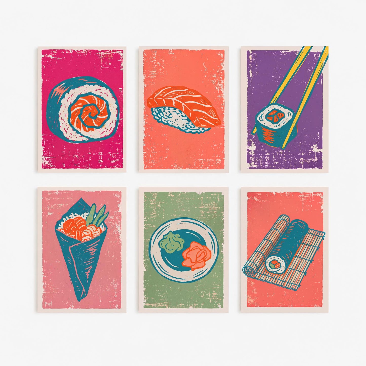 Set of Six Sushi Art Prints - 6 Linocut Illustrations - Maki Roll, Salmon Nigiri, Chopsticks, Temaki, Wasabi and Ginger, Bamboo Mat Posters