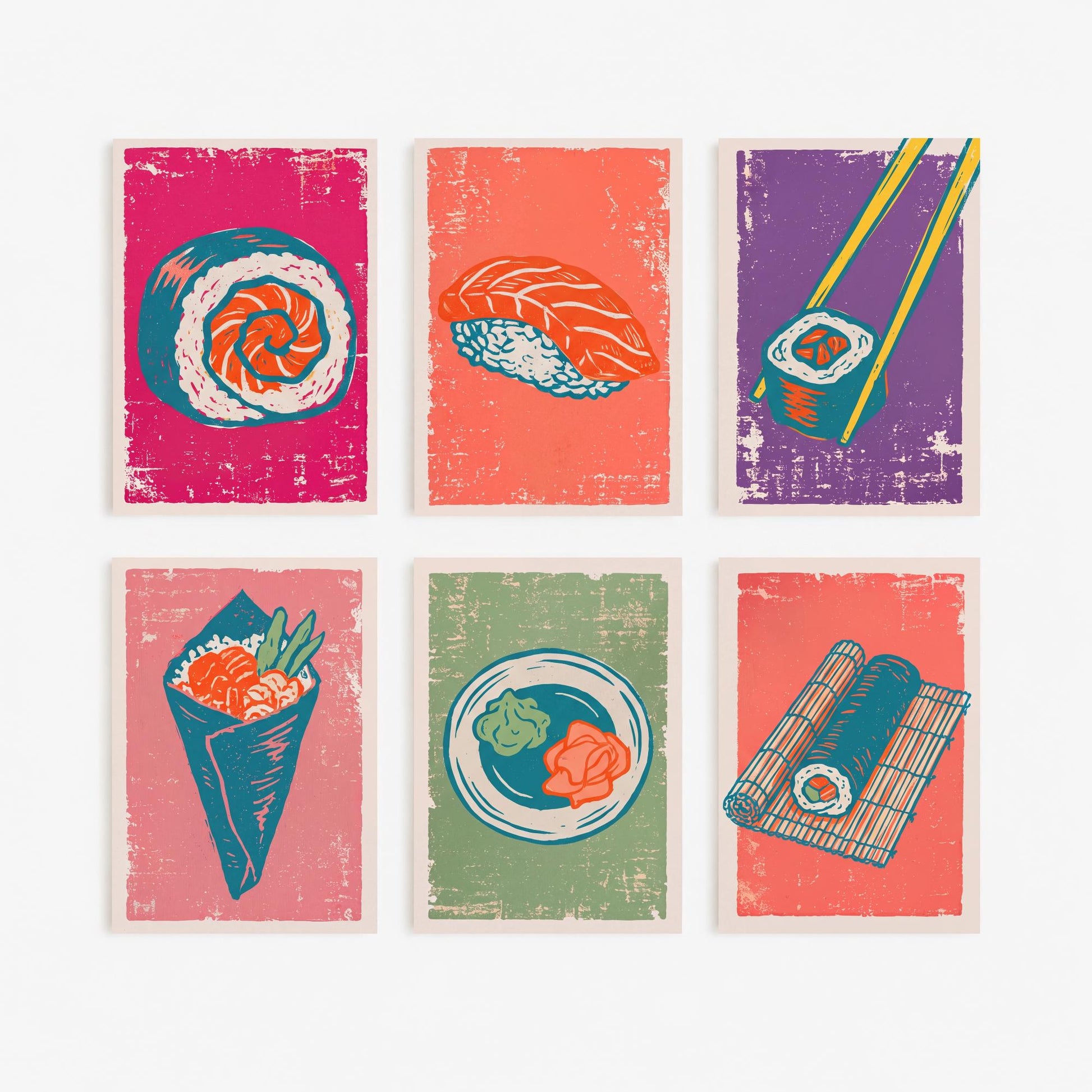 Set of Six Sushi Art Prints - 6 Linocut Illustrations - Maki Roll, Salmon Nigiri, Chopsticks, Temaki, Wasabi and Ginger, Bamboo Mat Posters