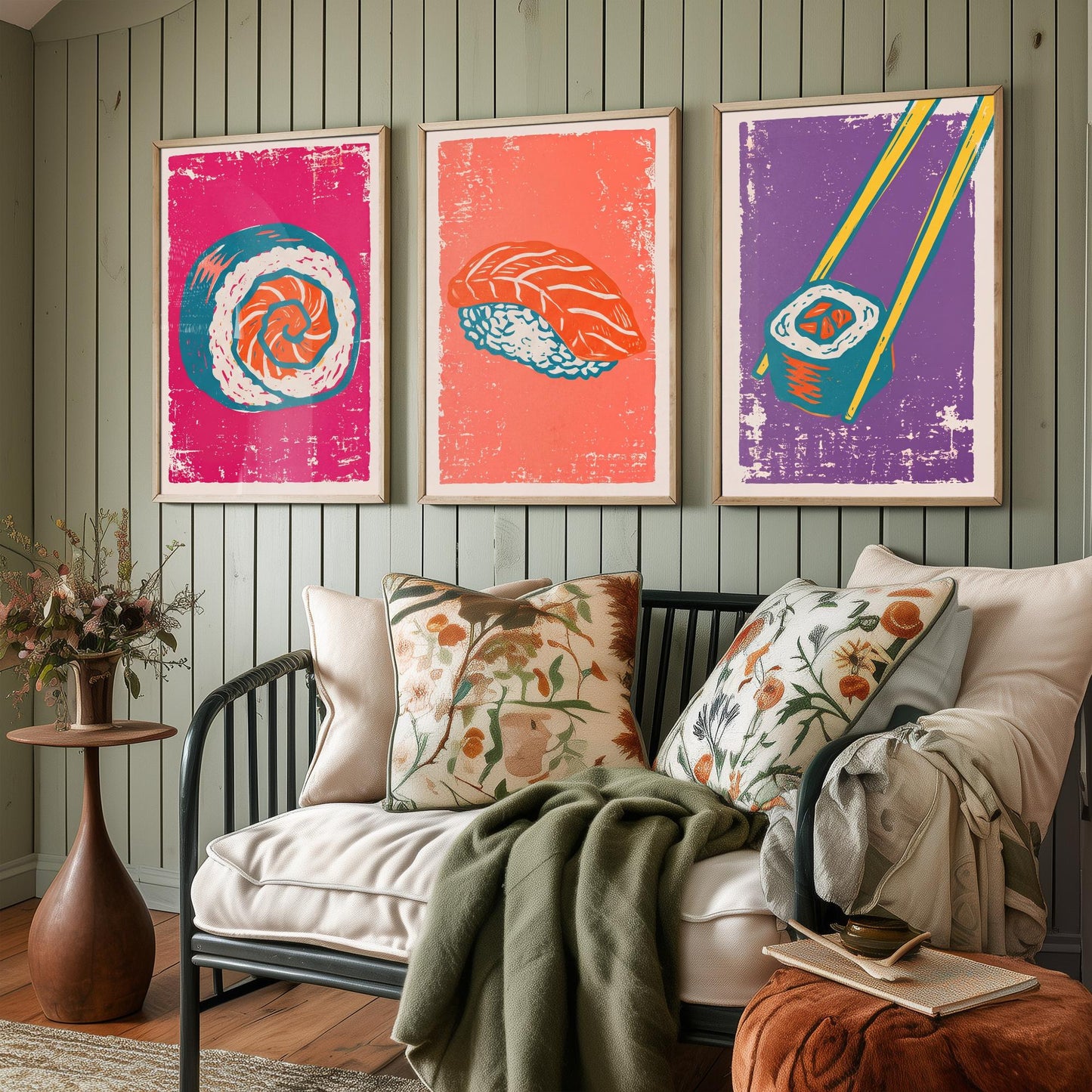 Set of Three Sushi Art Prints - Maki Roll, Salmon Nigiri, Chopsticks - Linocut Illustrations - Japanese Food Triptych Posters V1