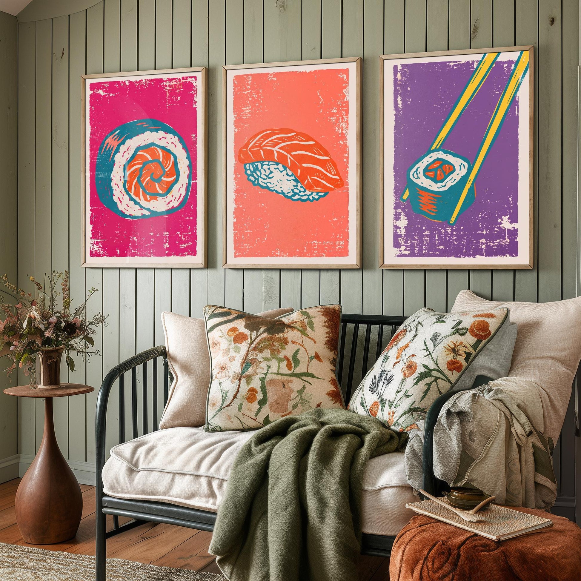 Set of Three Sushi Art Prints - Maki Roll, Salmon Nigiri, Chopsticks - Linocut Illustrations - Japanese Food Triptych Posters V1
