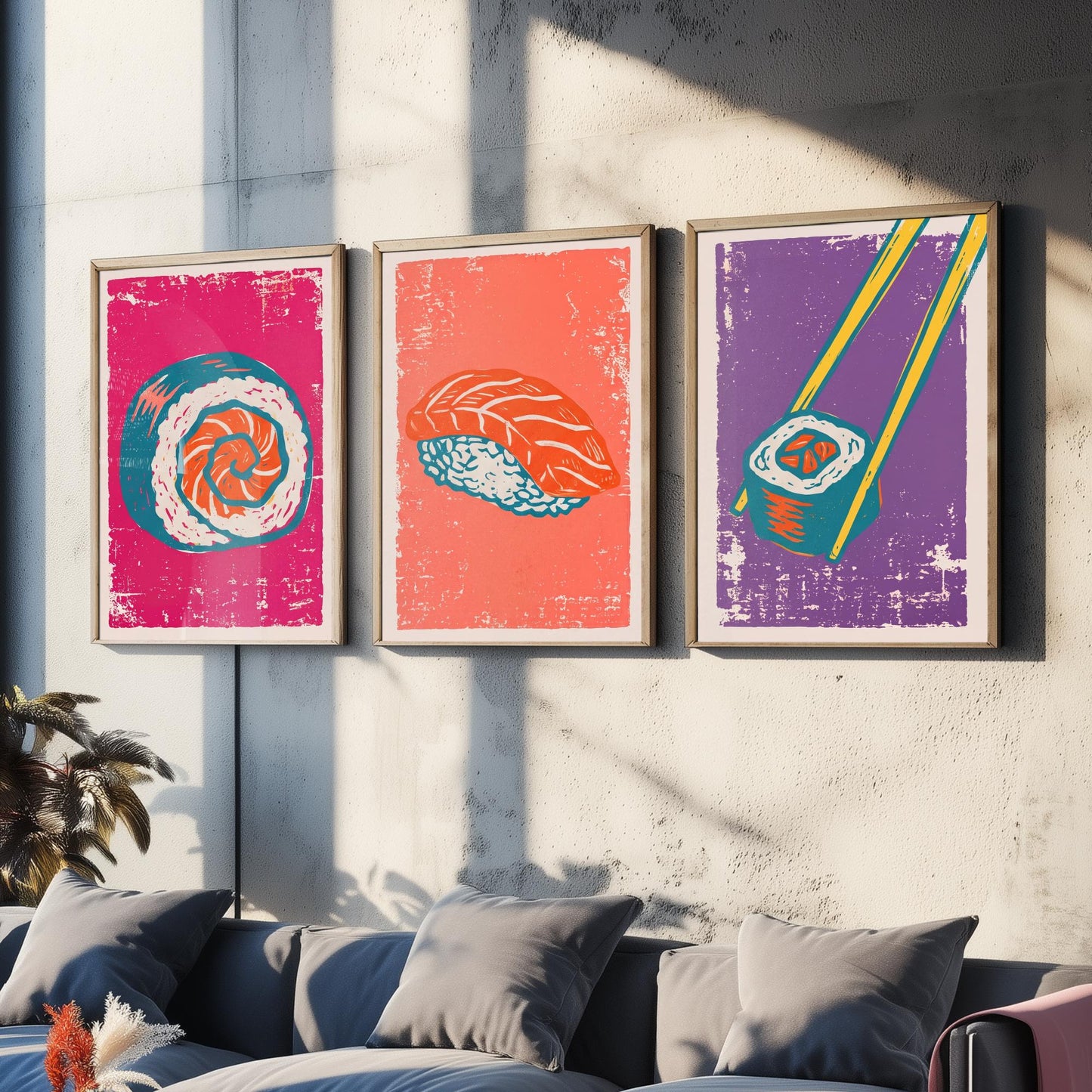 Set of Three Sushi Art Prints - Maki Roll, Salmon Nigiri, Chopsticks - Linocut Illustrations - Japanese Food Triptych Posters V1