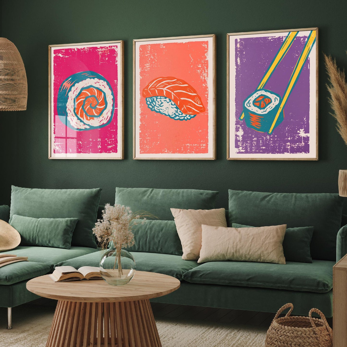 Set of Three Sushi Art Prints - Maki Roll, Salmon Nigiri, Chopsticks - Linocut Illustrations - Japanese Food Triptych Posters V1