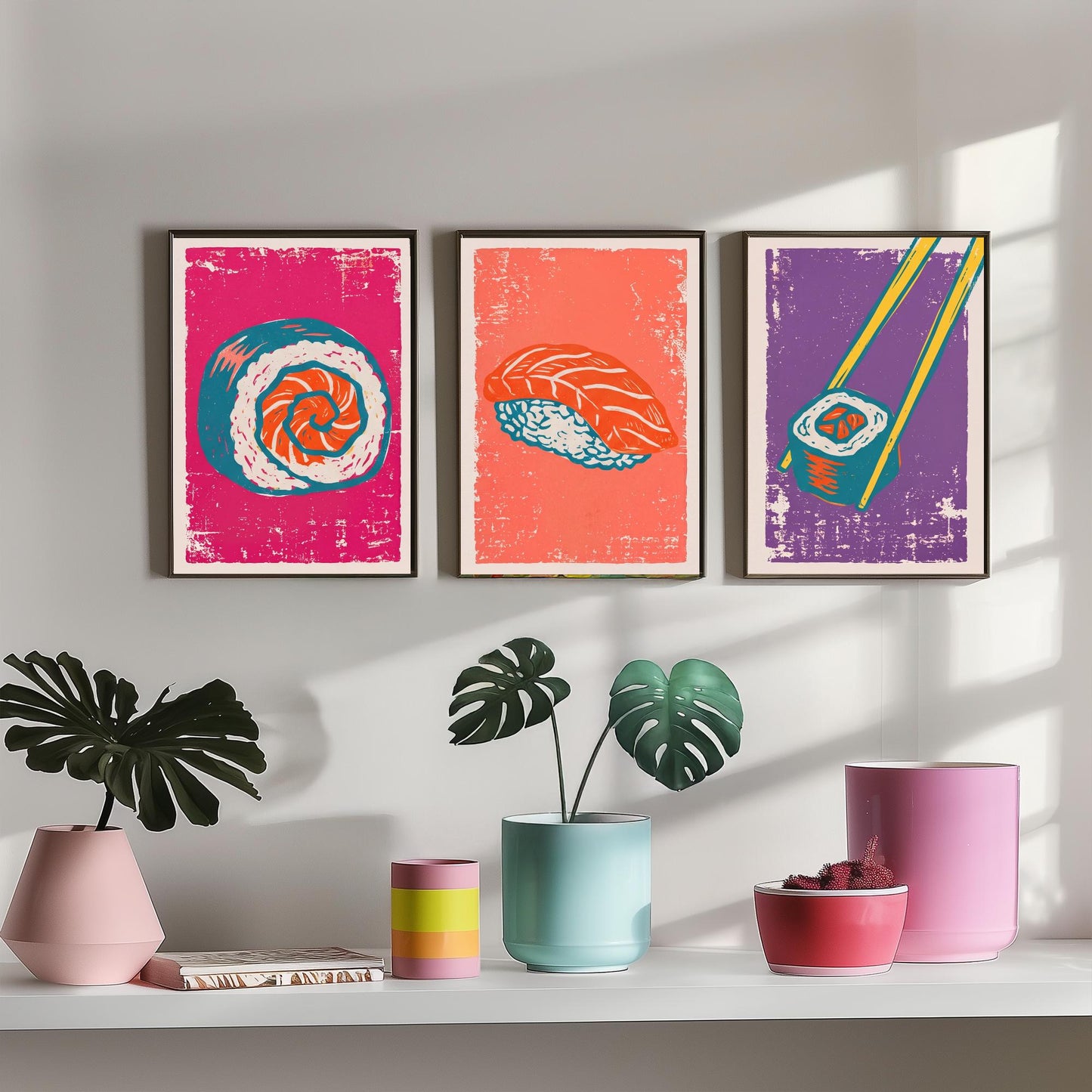 Set of Three Sushi Art Prints - Maki Roll, Salmon Nigiri, Chopsticks - Linocut Illustrations - Japanese Food Triptych Posters V1
