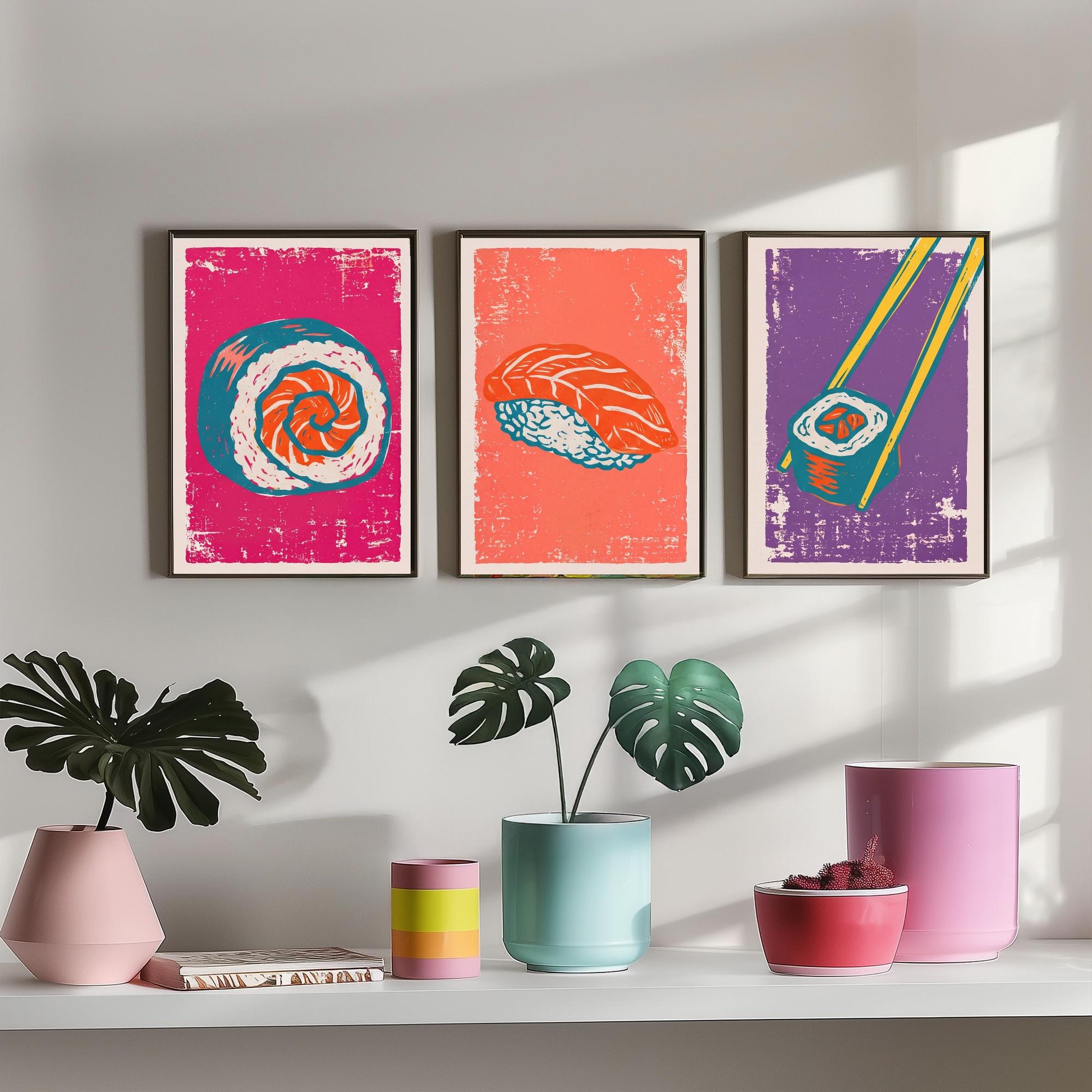 Set of Three Sushi Art Prints - Maki Roll, Salmon Nigiri, Chopsticks - Linocut Illustrations - Japanese Food Triptych Posters V1