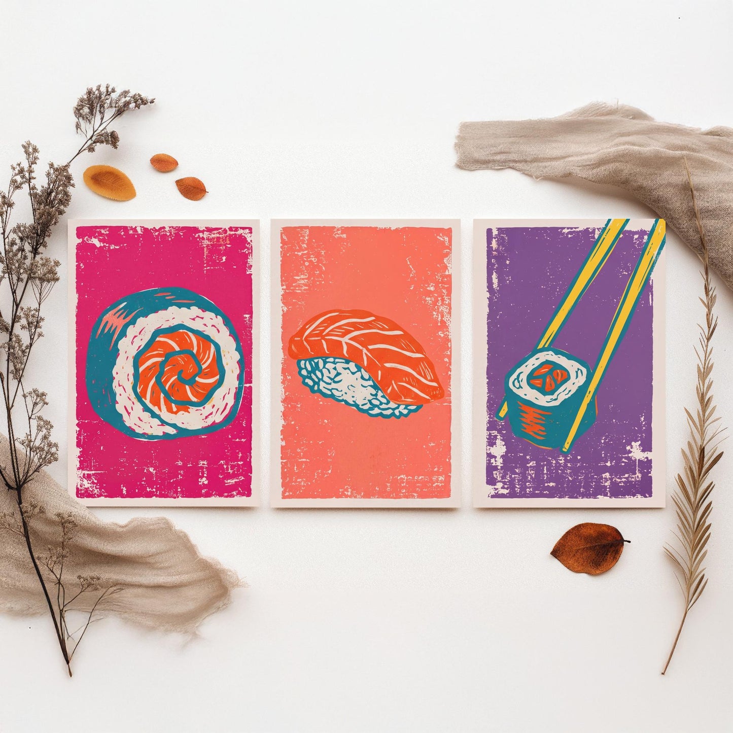 Set of Three Sushi Art Prints - Maki Roll, Salmon Nigiri, Chopsticks - Linocut Illustrations - Japanese Food Triptych Posters V1