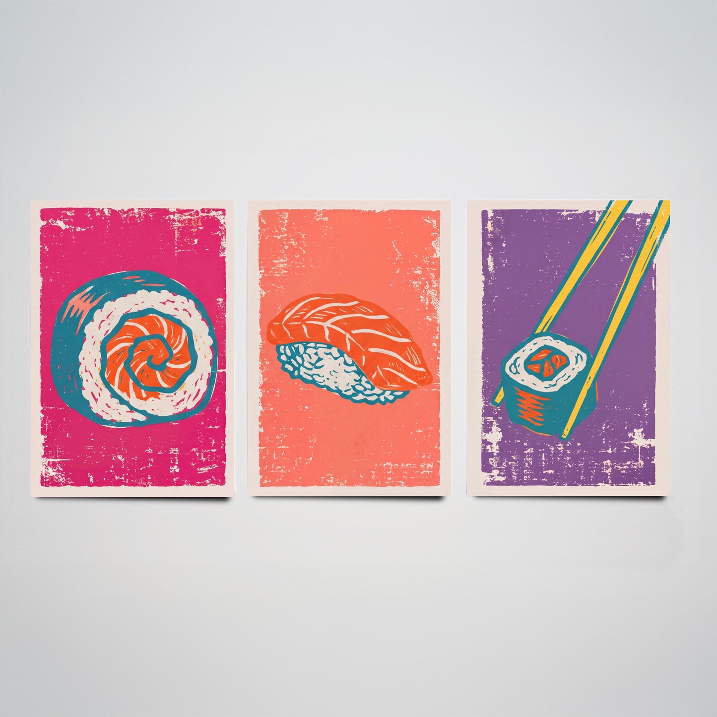 Set of Three Sushi Art Prints - Maki Roll, Salmon Nigiri, Chopsticks - Linocut Illustrations - Japanese Food Triptych Posters V1