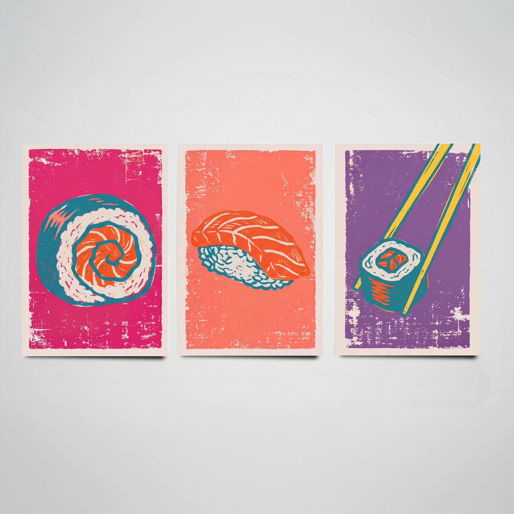 Set of Three Sushi Art Prints - Maki Roll, Salmon Nigiri, Chopsticks - Linocut Illustrations - Japanese Food Triptych Posters V1