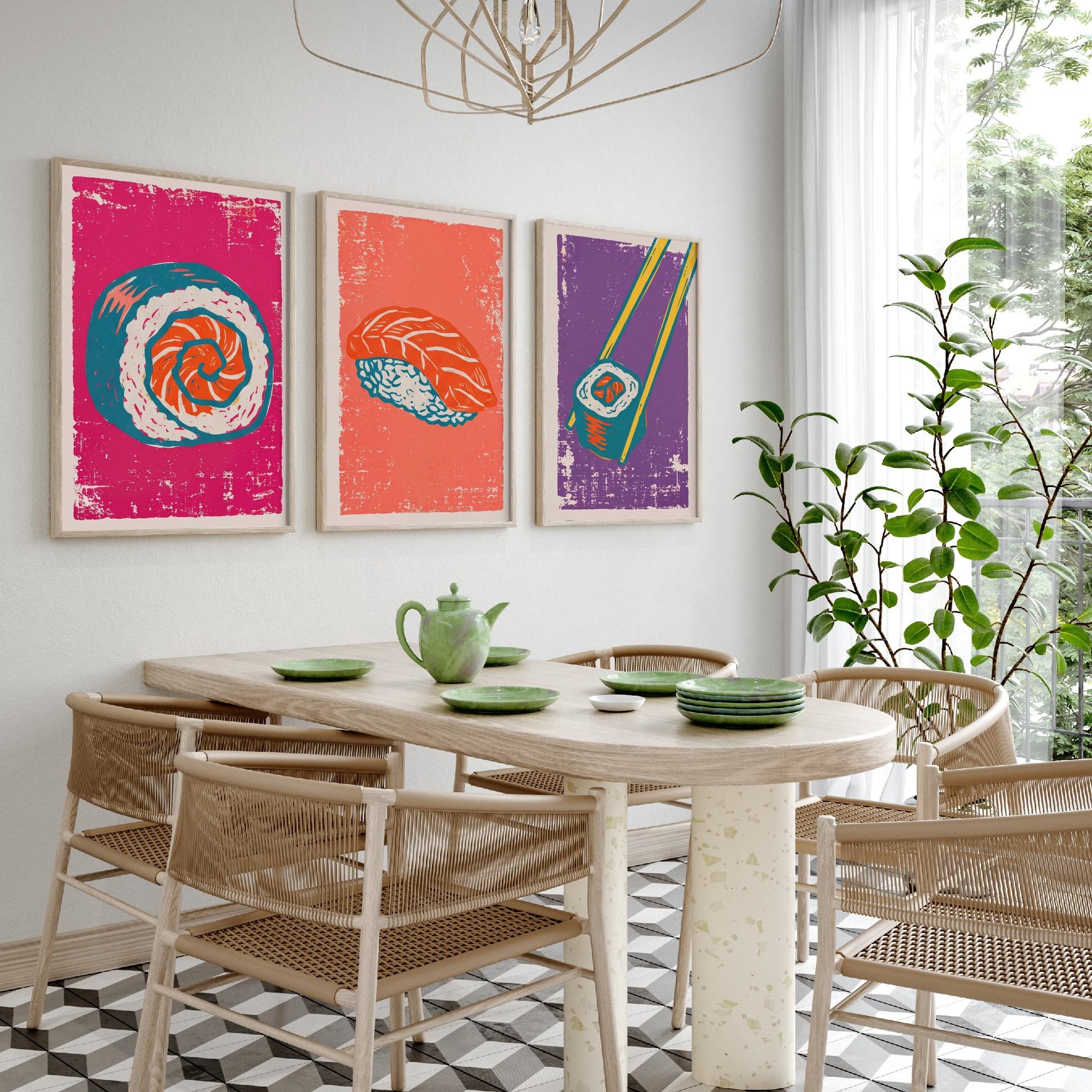 Set of Three Sushi Art Prints - Maki Roll, Salmon Nigiri, Chopsticks - Linocut Illustrations - Japanese Food Triptych Posters V1