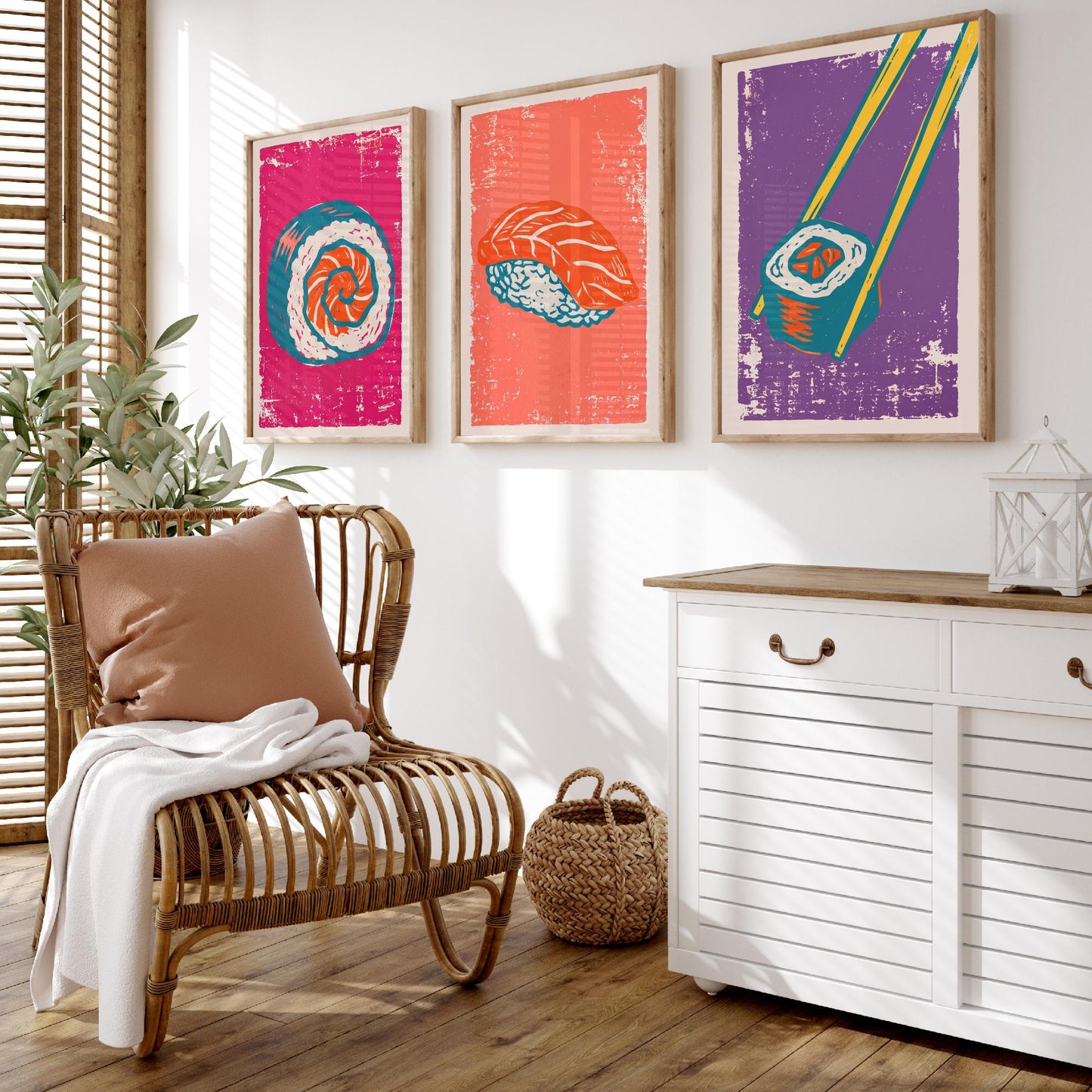 Set of Three Sushi Art Prints - Maki Roll, Salmon Nigiri, Chopsticks - Linocut Illustrations - Japanese Food Triptych Posters V1