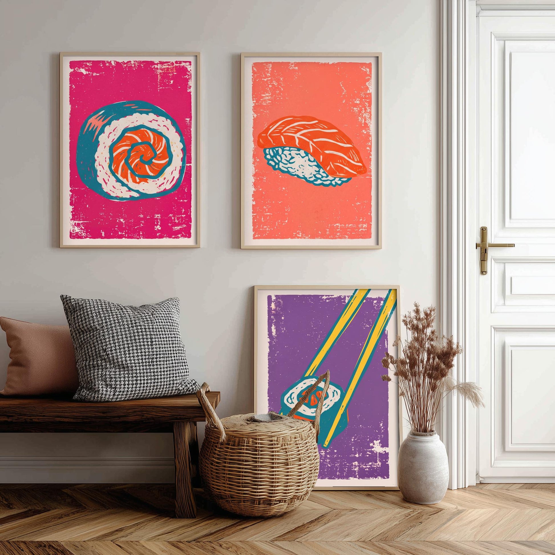 Set of Three Sushi Art Prints - Maki Roll, Salmon Nigiri, Chopsticks - Linocut Illustrations - Japanese Food Triptych Posters V1