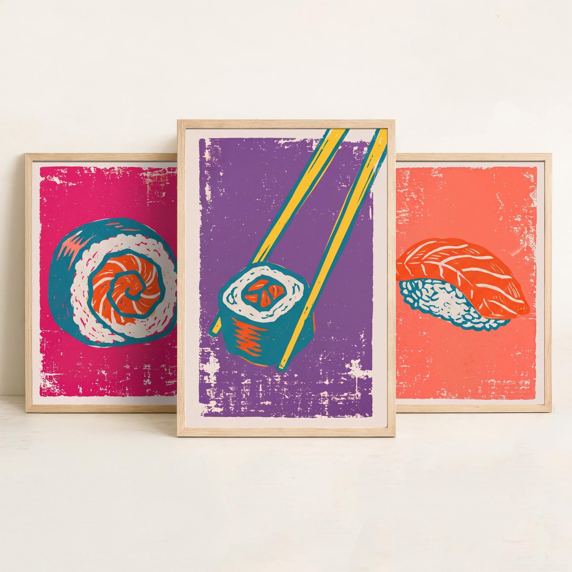 Set of Three Sushi Art Prints - Maki Roll, Salmon Nigiri, Chopsticks - Linocut Illustrations - Japanese Food Triptych Posters V1