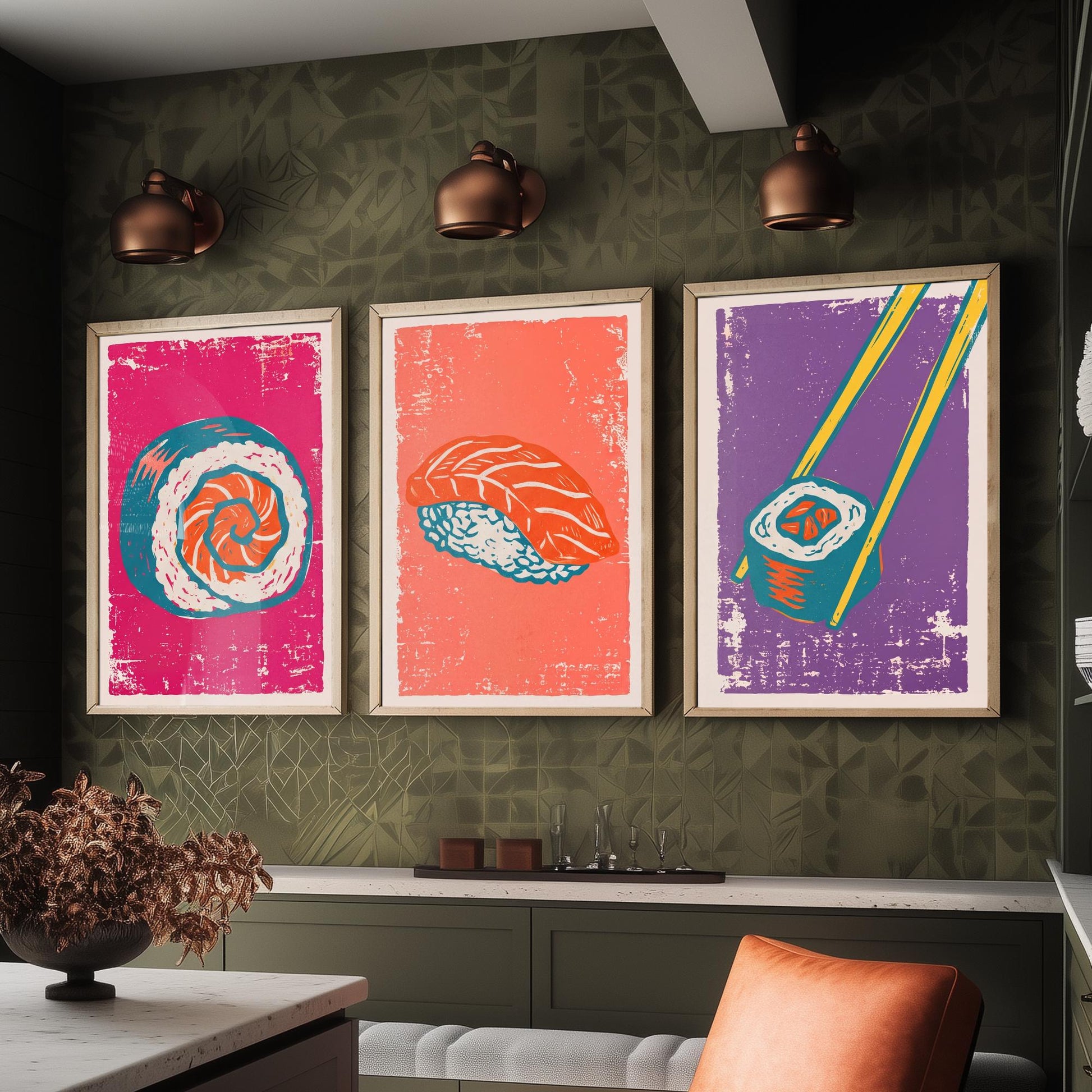 Set of Three Sushi Art Prints - Maki Roll, Salmon Nigiri, Chopsticks - Linocut Illustrations - Japanese Food Triptych Posters V1