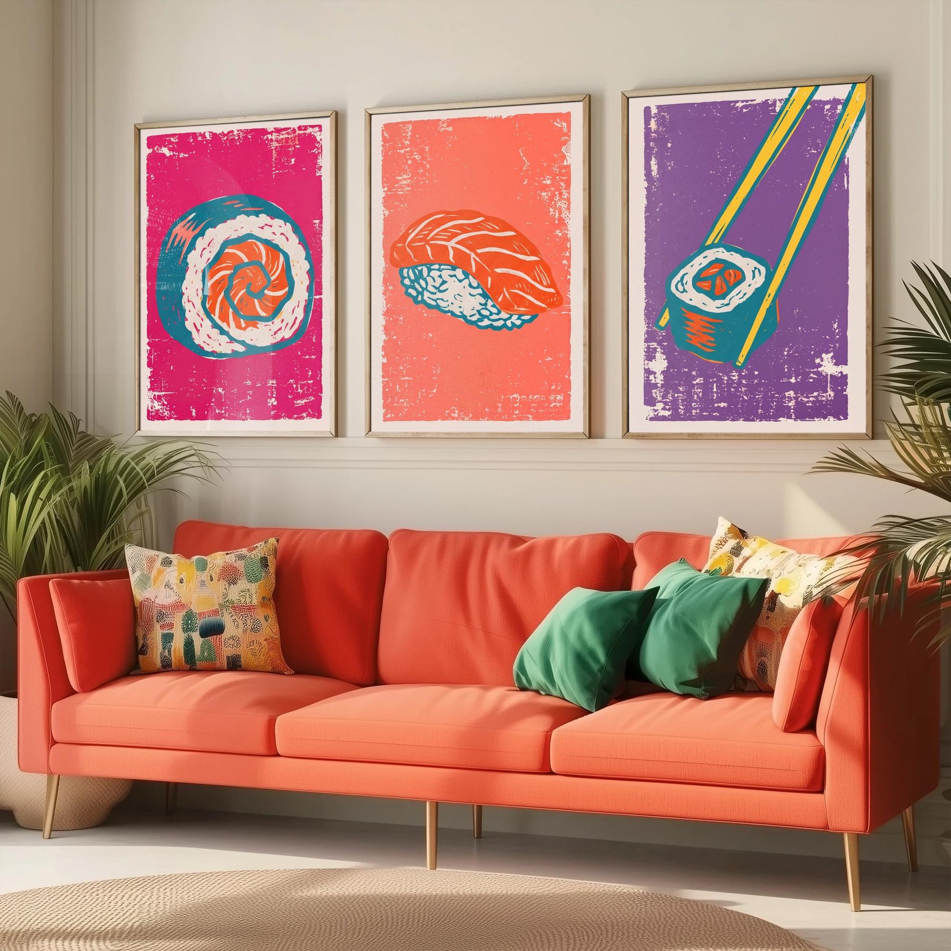 Set of Three Sushi Art Prints - Maki Roll, Salmon Nigiri, Chopsticks - Linocut Illustrations - Japanese Food Triptych Posters V1