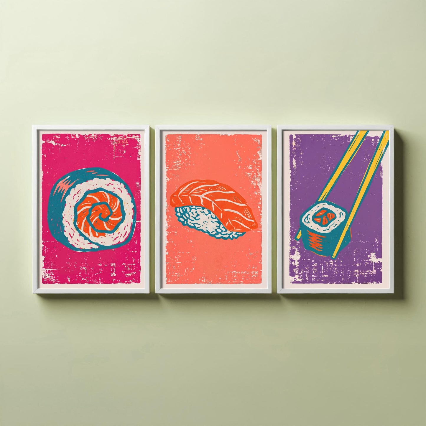 Set of Three Sushi Art Prints - Maki Roll, Salmon Nigiri, Chopsticks - Linocut Illustrations - Japanese Food Triptych Posters V1