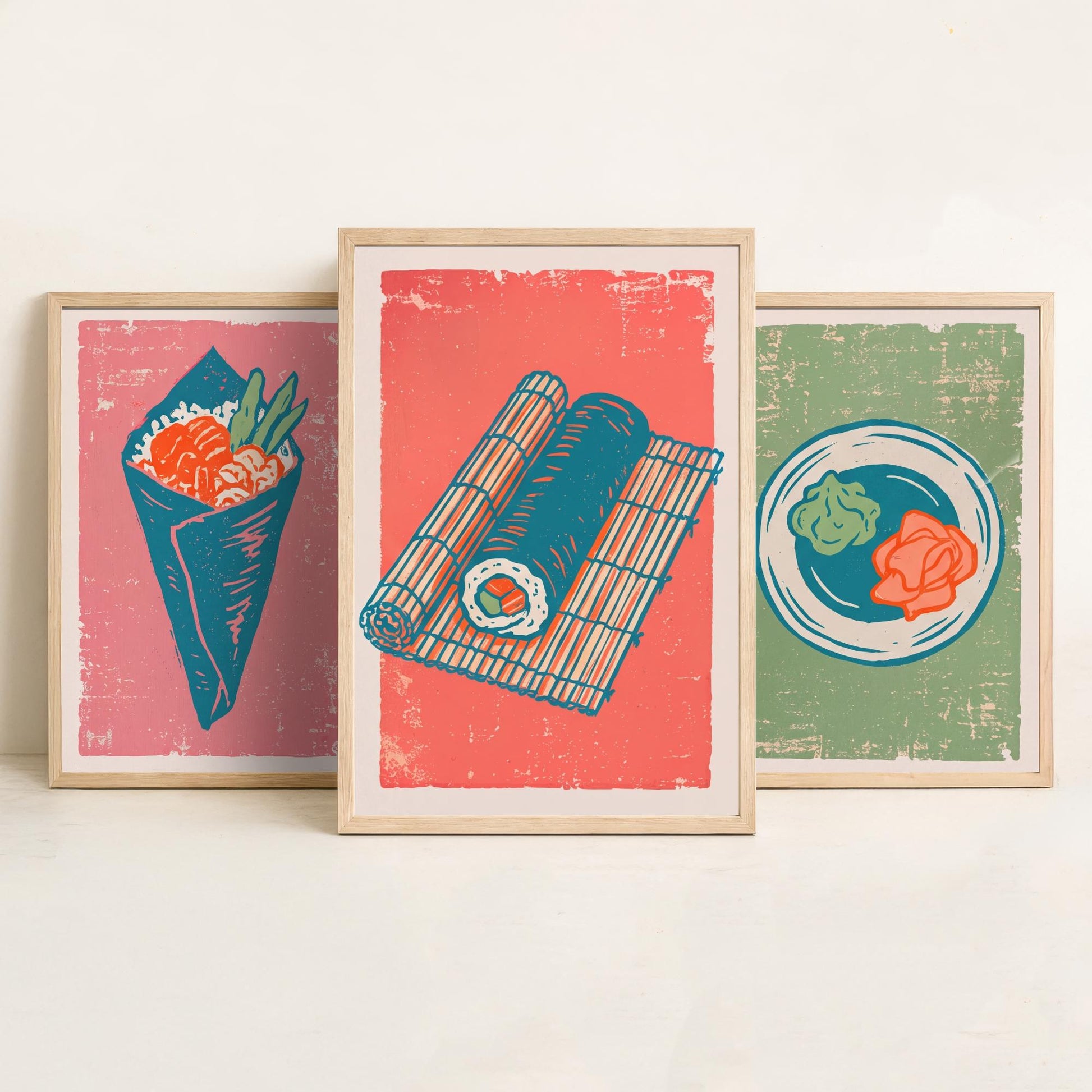 Set of Three Sushi Art Prints - Temaki, Wasabi and Ginger, Rolling Mat - Linocut Illustrations - Japanese Food Triptych Posters V2