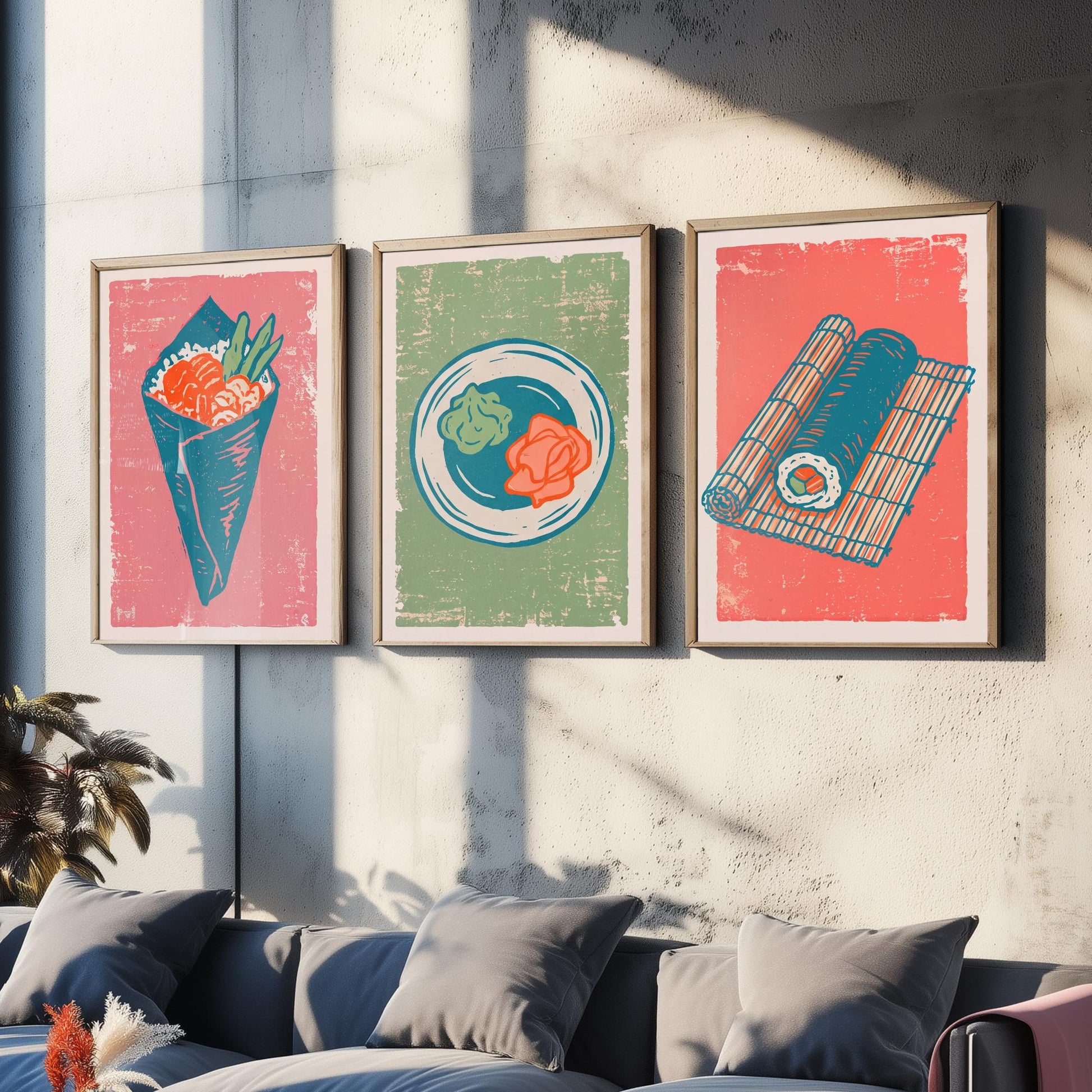 Set of Three Sushi Art Prints - Temaki, Wasabi and Ginger, Rolling Mat - Linocut Illustrations - Japanese Food Triptych Posters V2