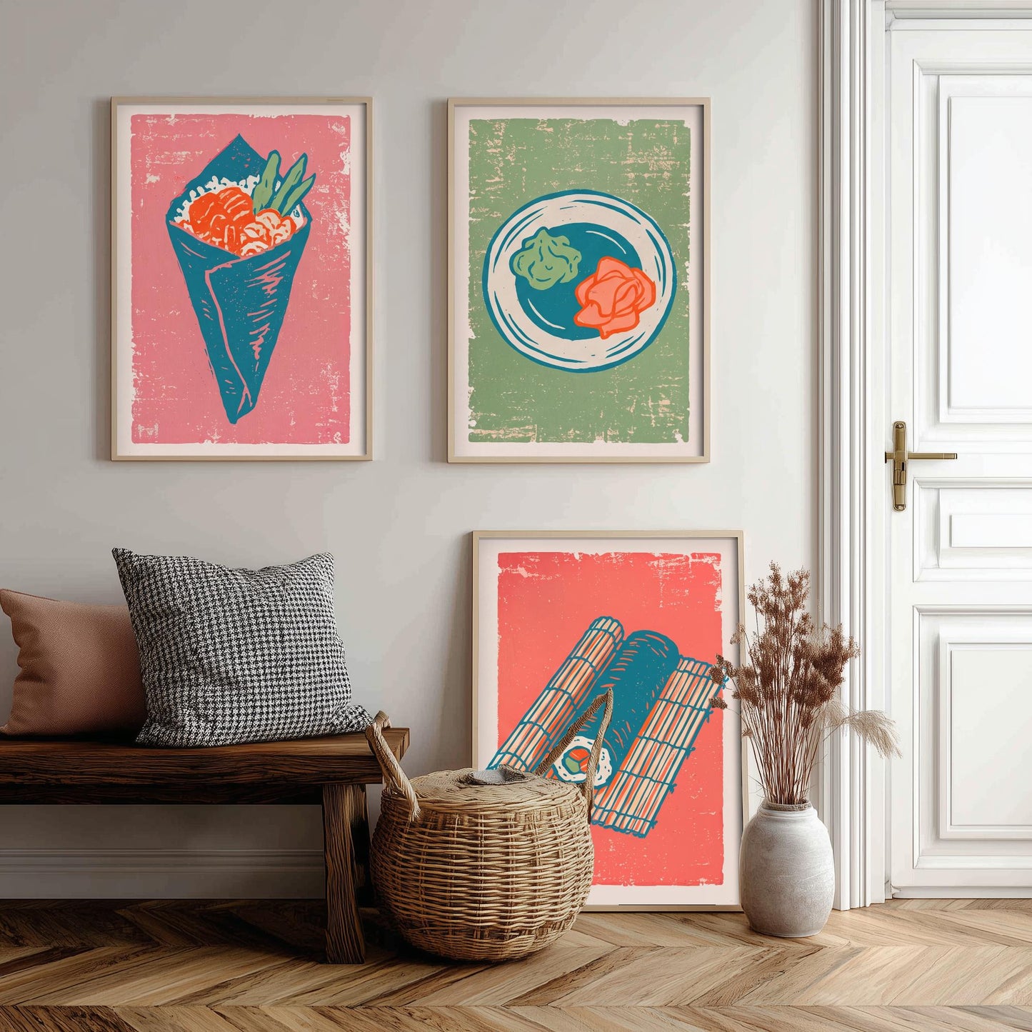 Set of Three Sushi Art Prints - Temaki, Wasabi and Ginger, Rolling Mat - Linocut Illustrations - Japanese Food Triptych Posters V2