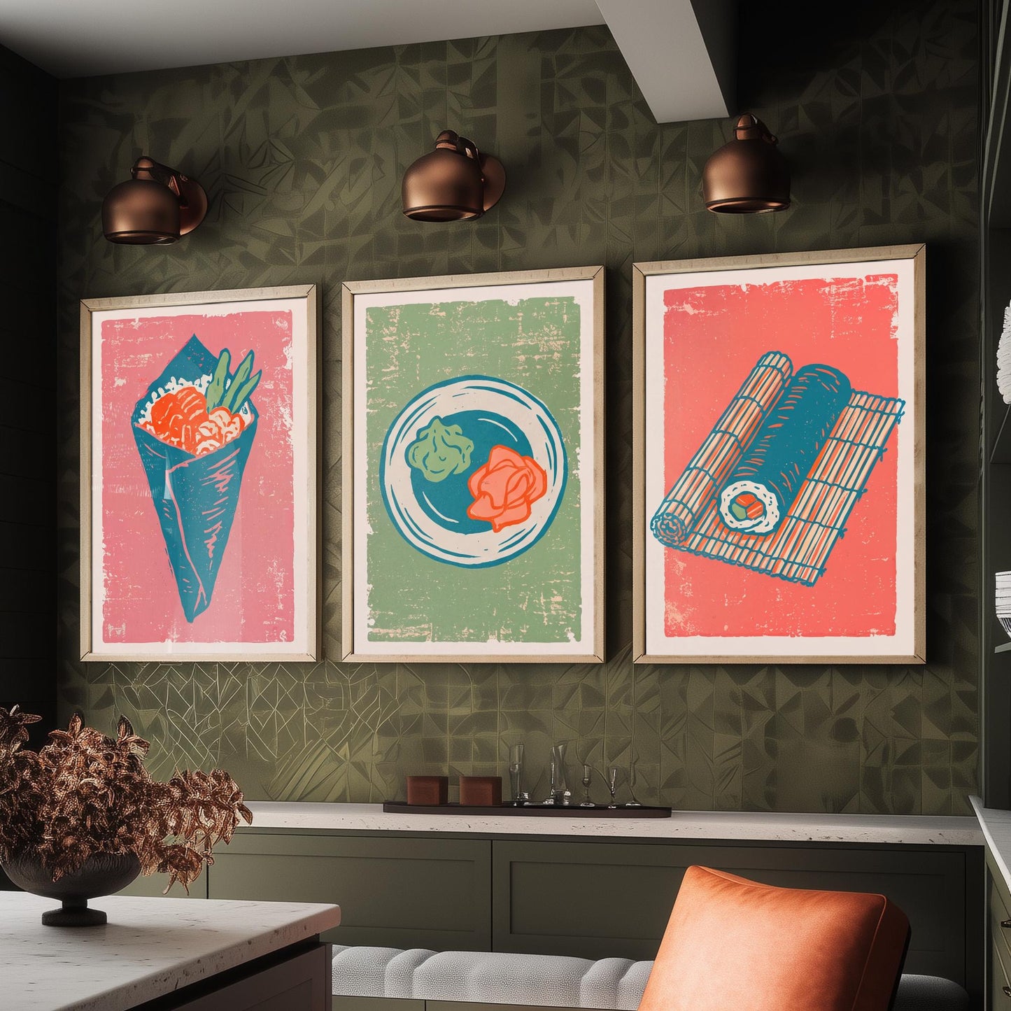 Set of Three Sushi Art Prints - Temaki, Wasabi and Ginger, Rolling Mat - Linocut Illustrations - Japanese Food Triptych Posters V2