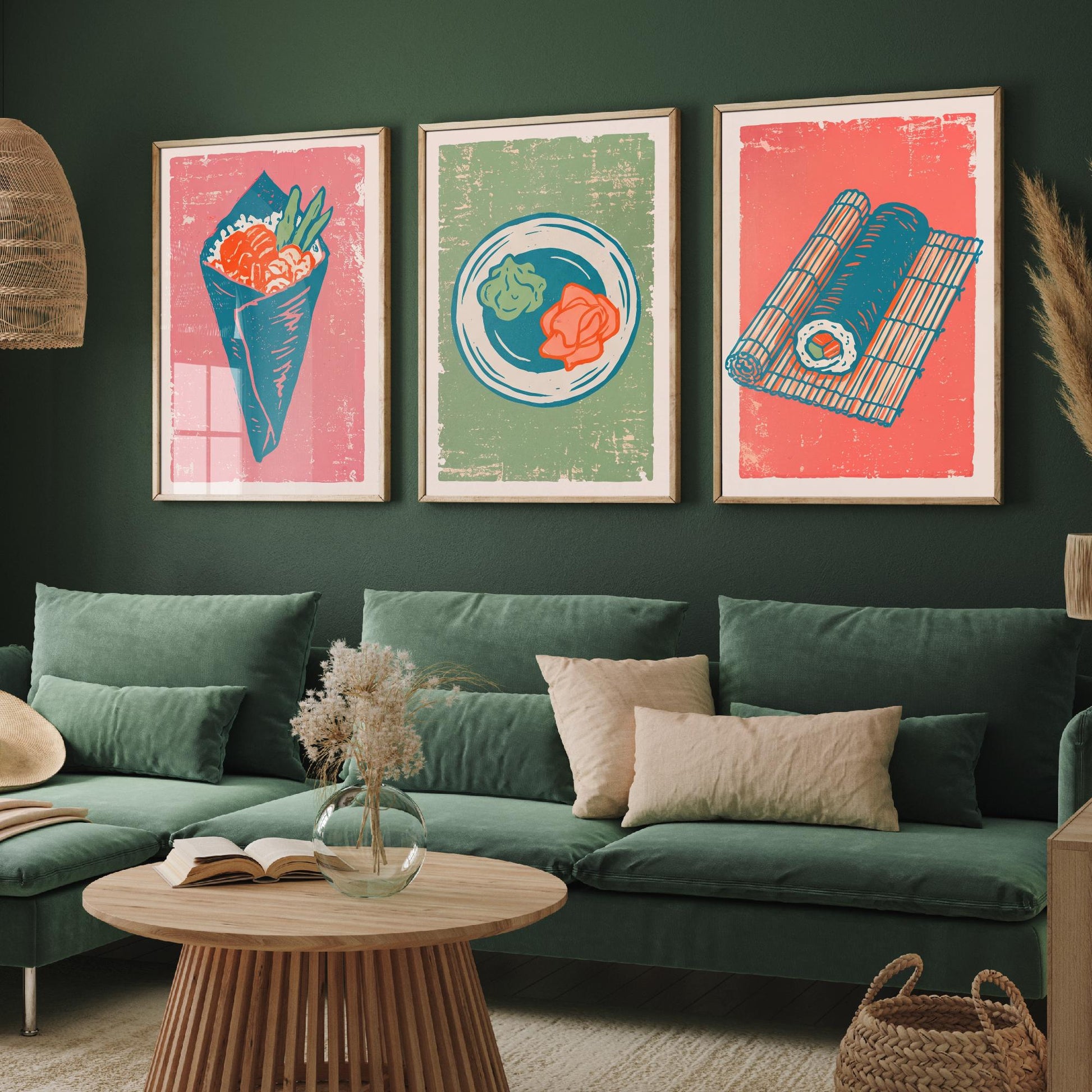 Set of Three Sushi Art Prints - Temaki, Wasabi and Ginger, Rolling Mat - Linocut Illustrations - Japanese Food Triptych Posters V2