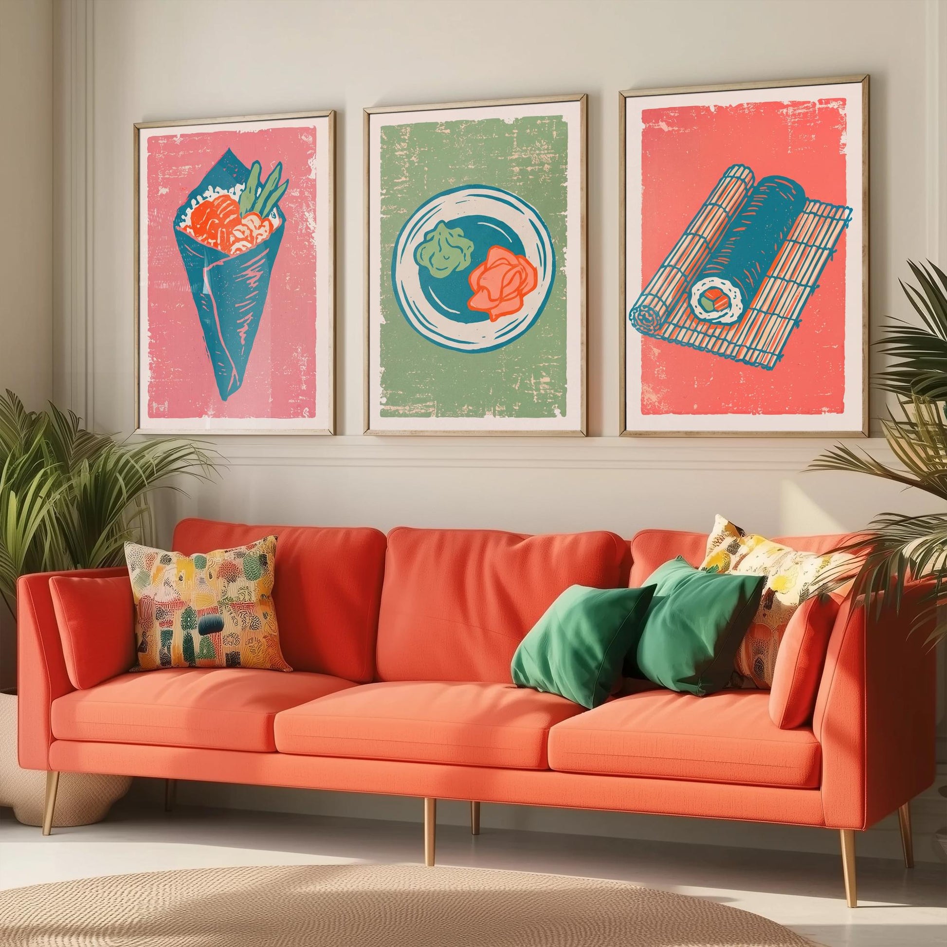 Set of Three Sushi Art Prints - Temaki, Wasabi and Ginger, Rolling Mat - Linocut Illustrations - Japanese Food Triptych Posters V2