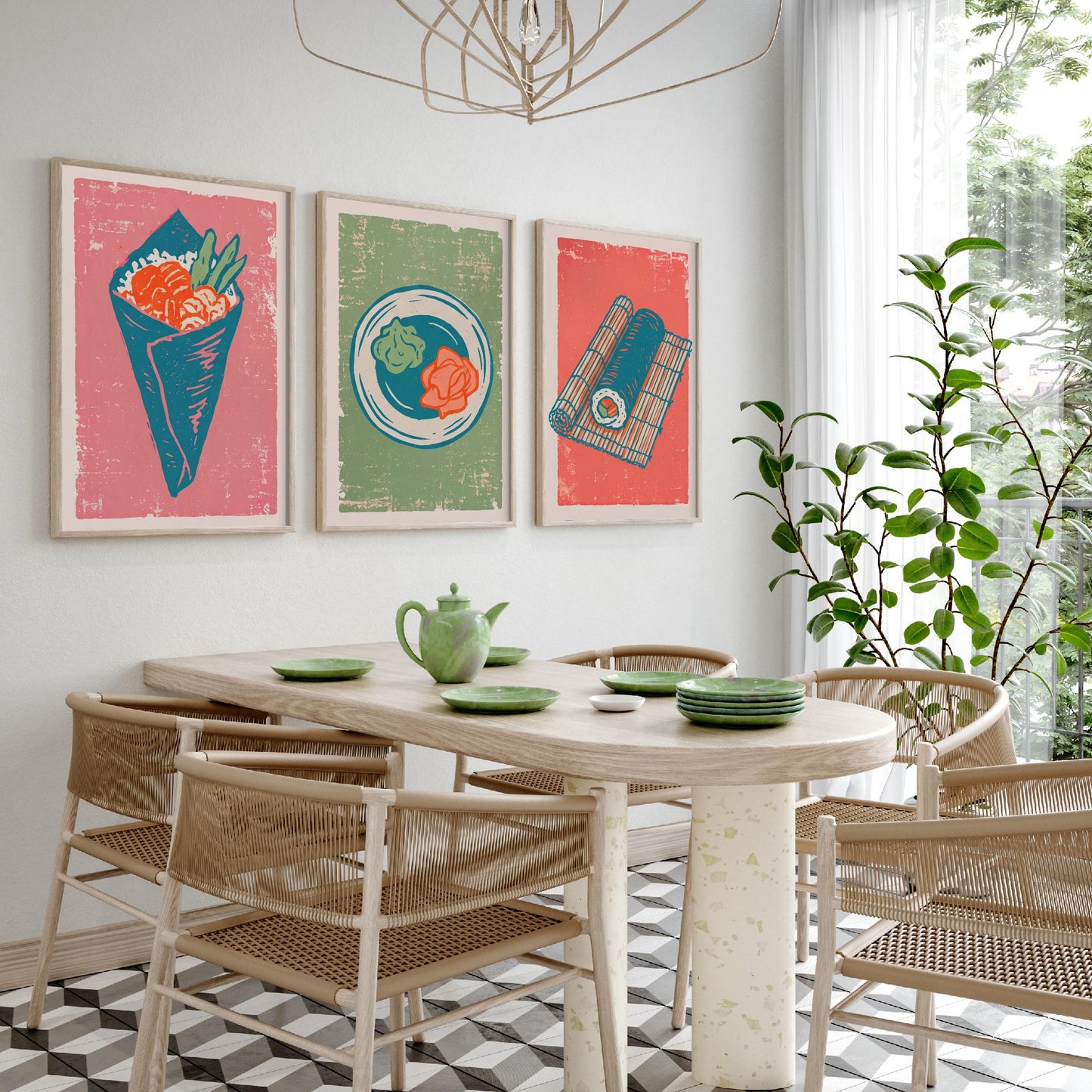 Set of Three Sushi Art Prints - Temaki, Wasabi and Ginger, Rolling Mat - Linocut Illustrations - Japanese Food Triptych Posters V2