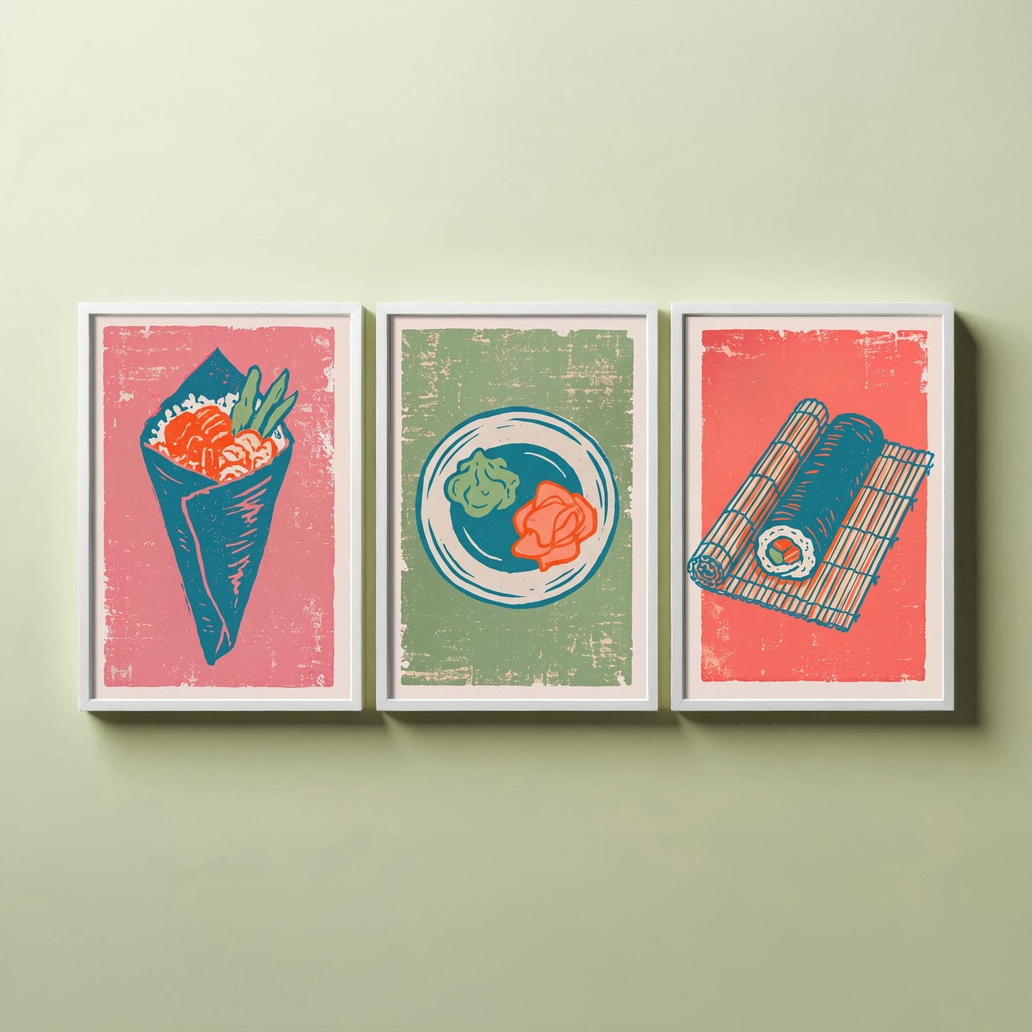 Set of Three Sushi Art Prints - Temaki, Wasabi and Ginger, Rolling Mat - Linocut Illustrations - Japanese Food Triptych Posters V2