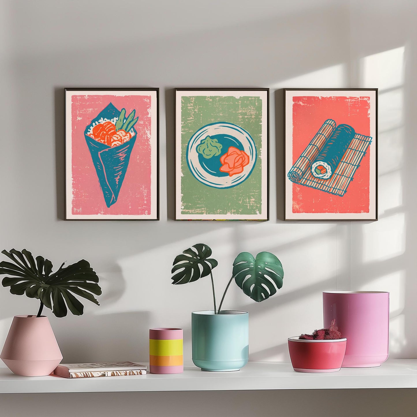 Set of Three Sushi Art Prints - Temaki, Wasabi and Ginger, Rolling Mat - Linocut Illustrations - Japanese Food Triptych Posters V2