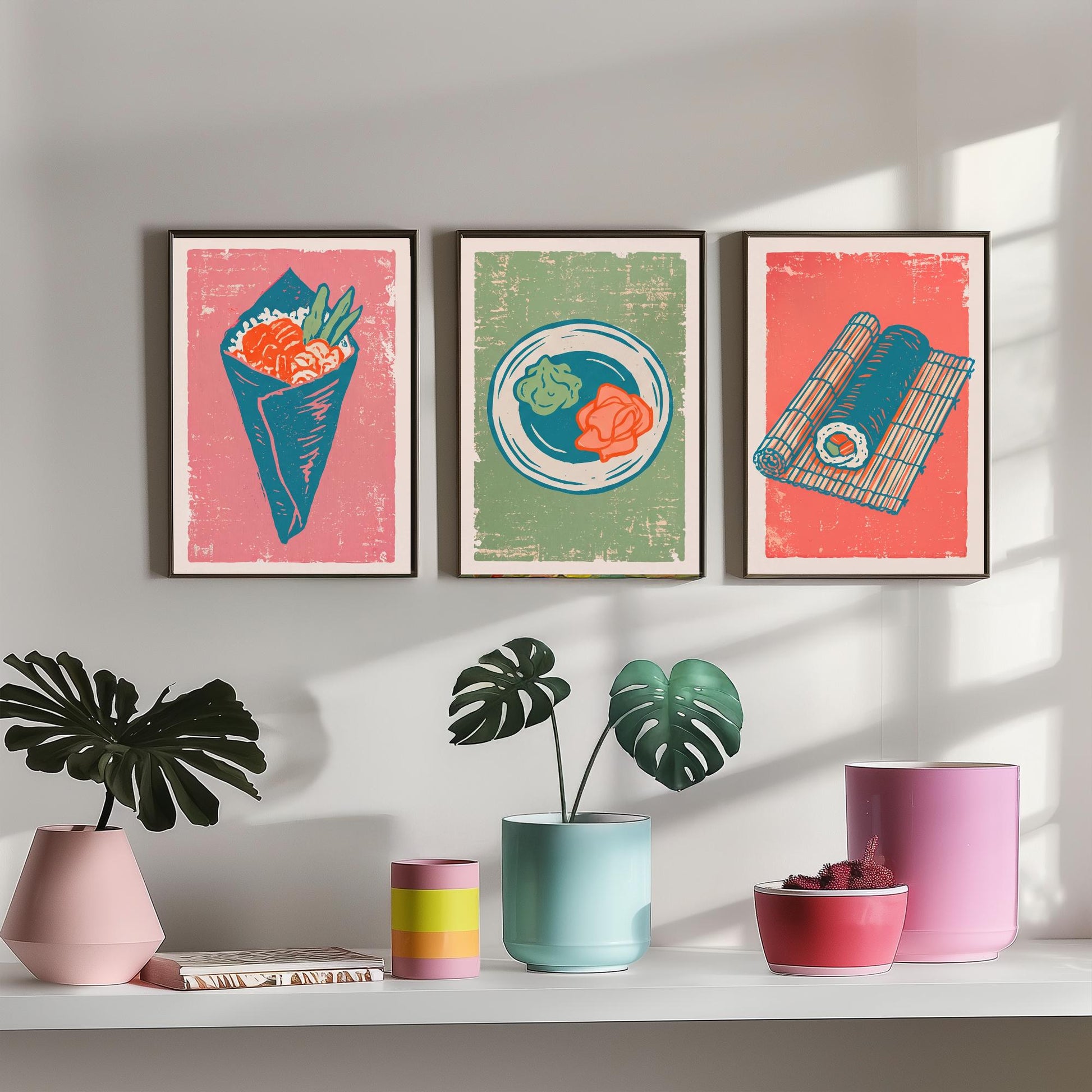 Set of Three Sushi Art Prints - Temaki, Wasabi and Ginger, Rolling Mat - Linocut Illustrations - Japanese Food Triptych Posters V2