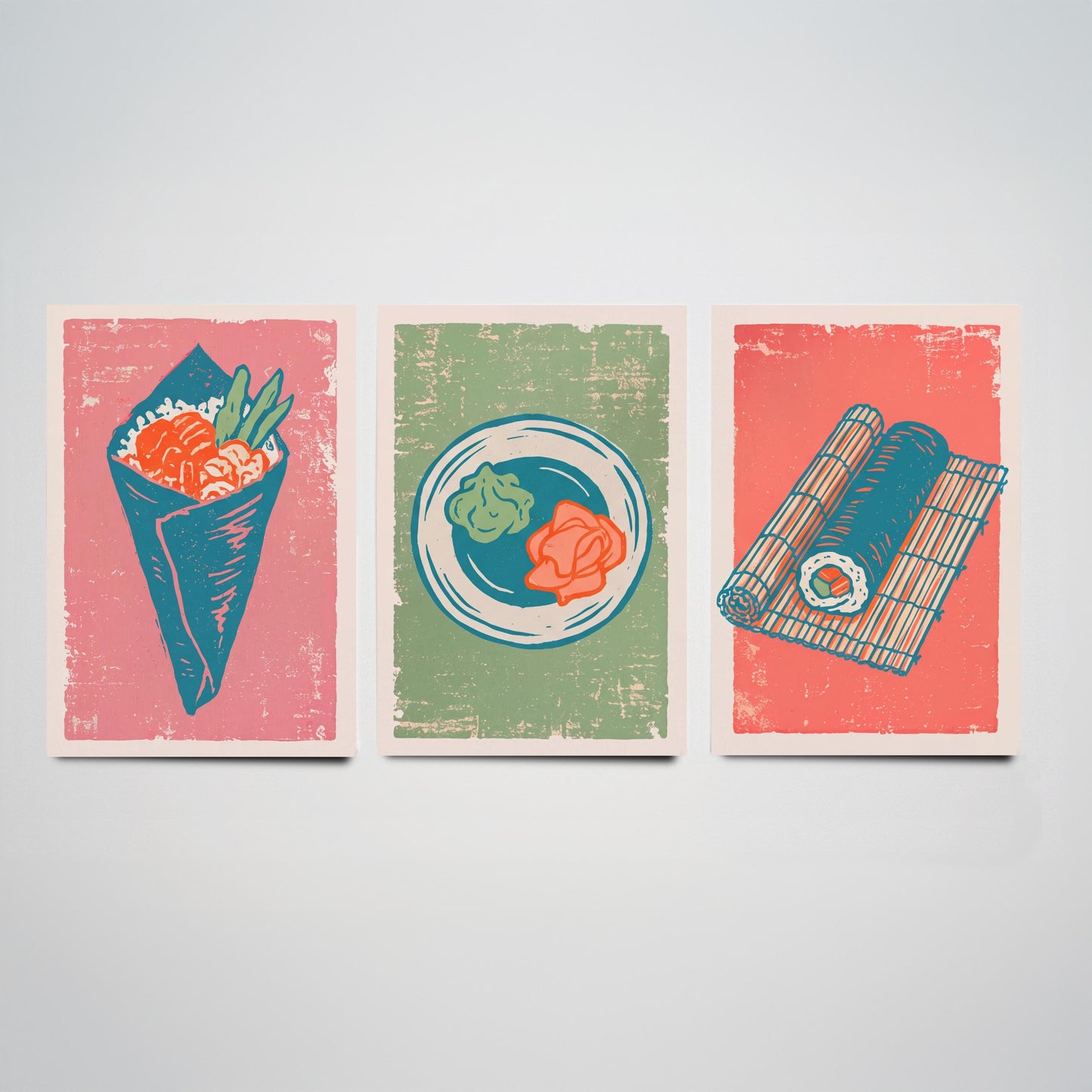 Set of Three Sushi Art Prints - Temaki, Wasabi and Ginger, Rolling Mat - Linocut Illustrations - Japanese Food Triptych Posters V2