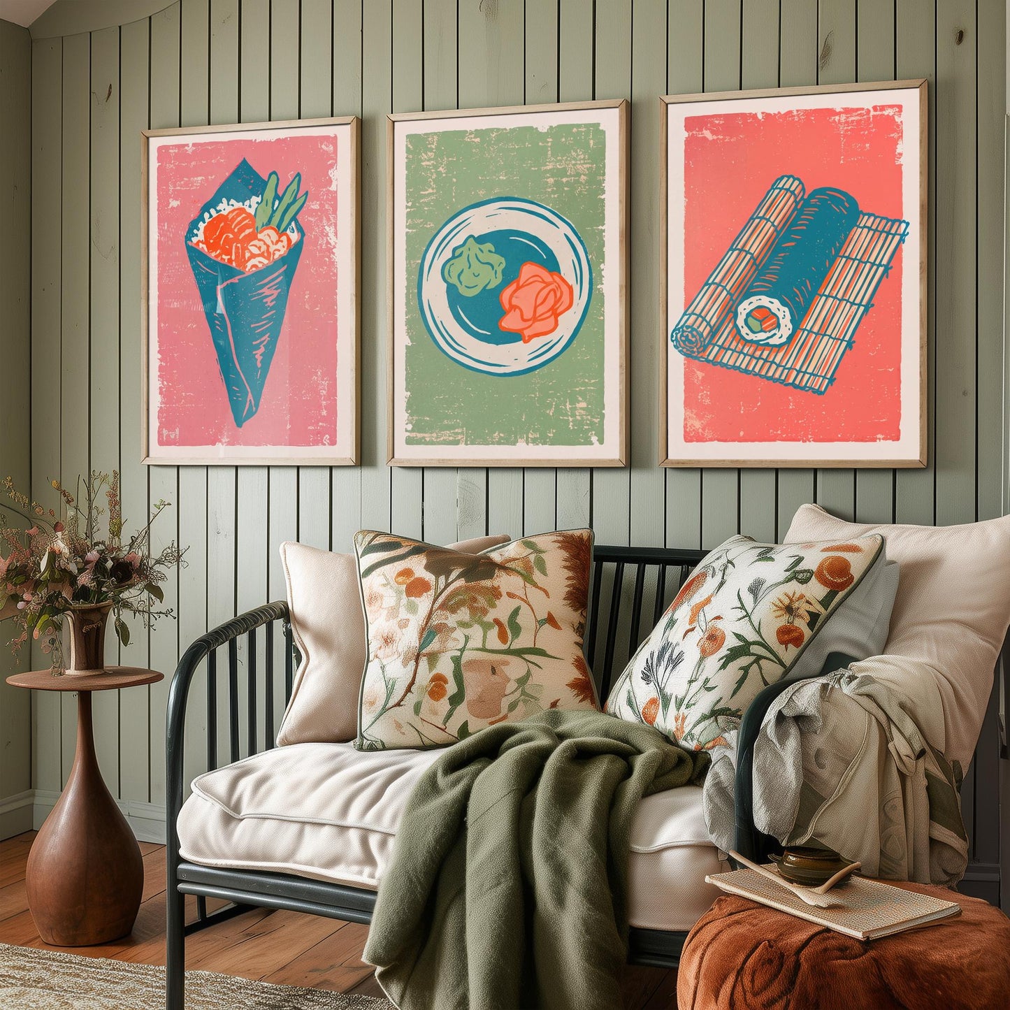 Set of Three Sushi Art Prints - Temaki, Wasabi and Ginger, Rolling Mat - Linocut Illustrations - Japanese Food Triptych Posters V2