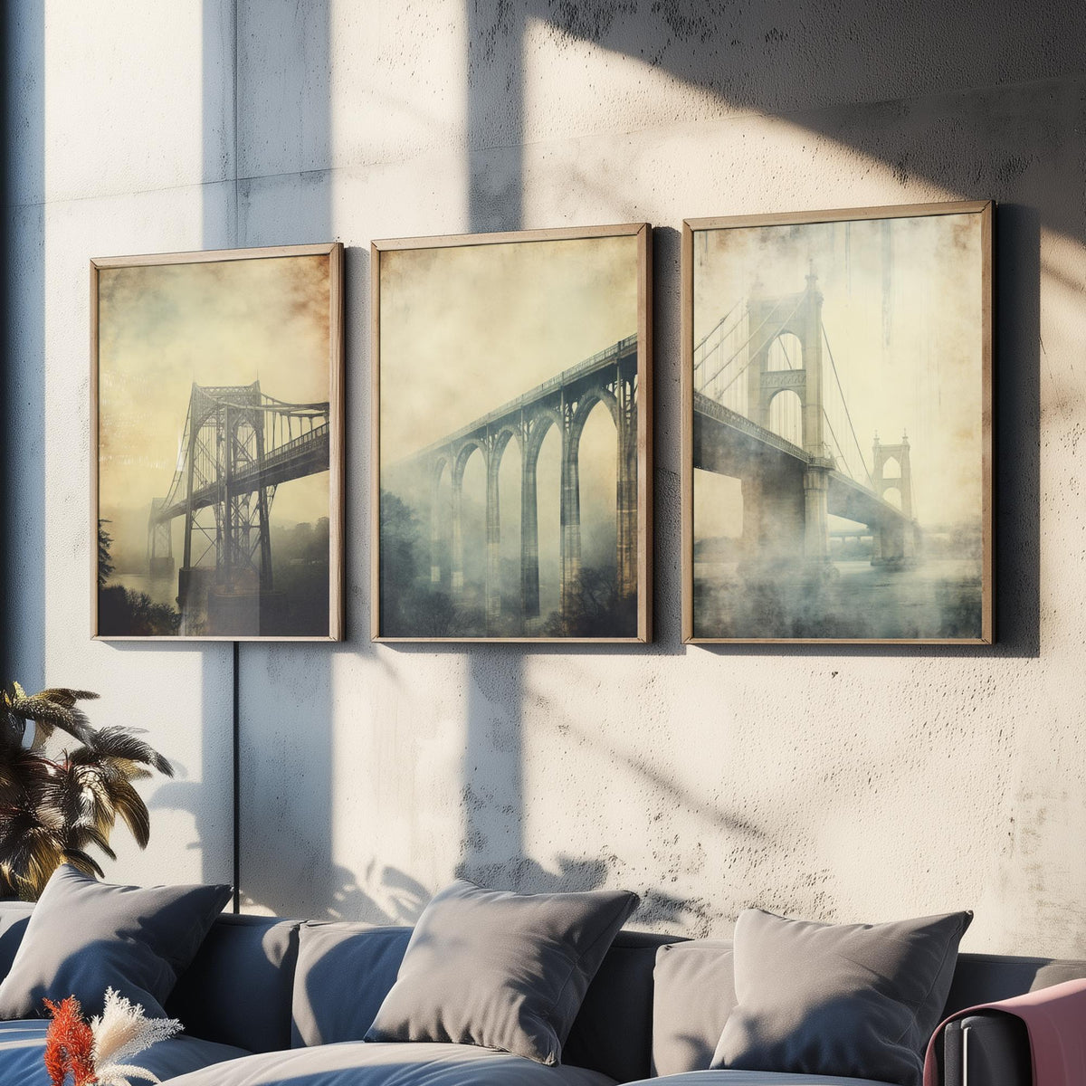 Misty Bridges Set of Three Art Prints - Steel and Stone Bridges in Fog - Grunge Vintage Poster Illustration