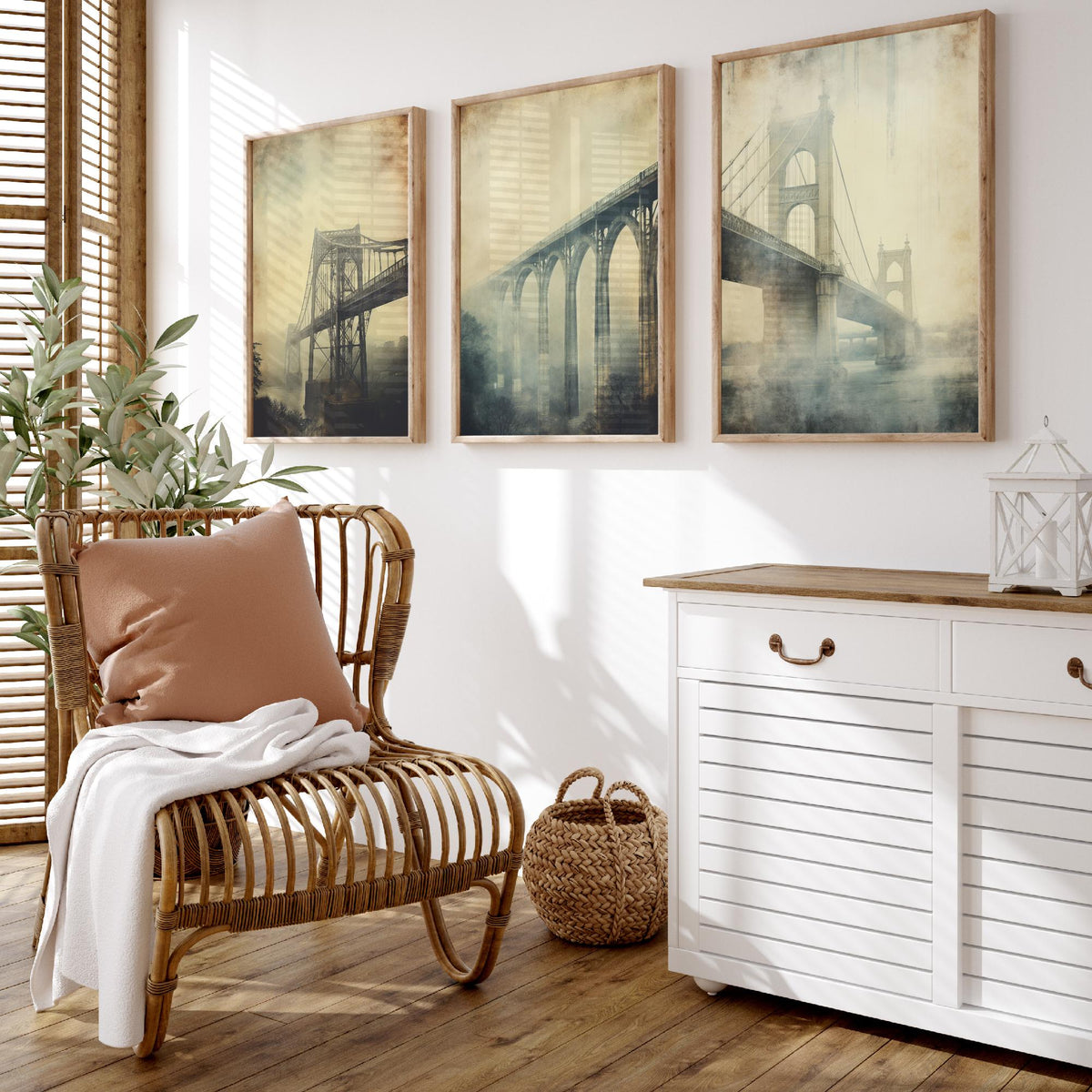 Misty Bridges Set of Three Art Prints - Steel and Stone Bridges in Fog - Grunge Vintage Poster Illustration