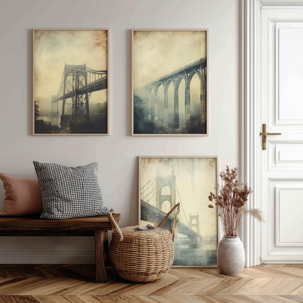 Misty Bridges Set of Three Art Prints - Steel and Stone Bridges in Fog - Grunge Vintage Poster Illustration