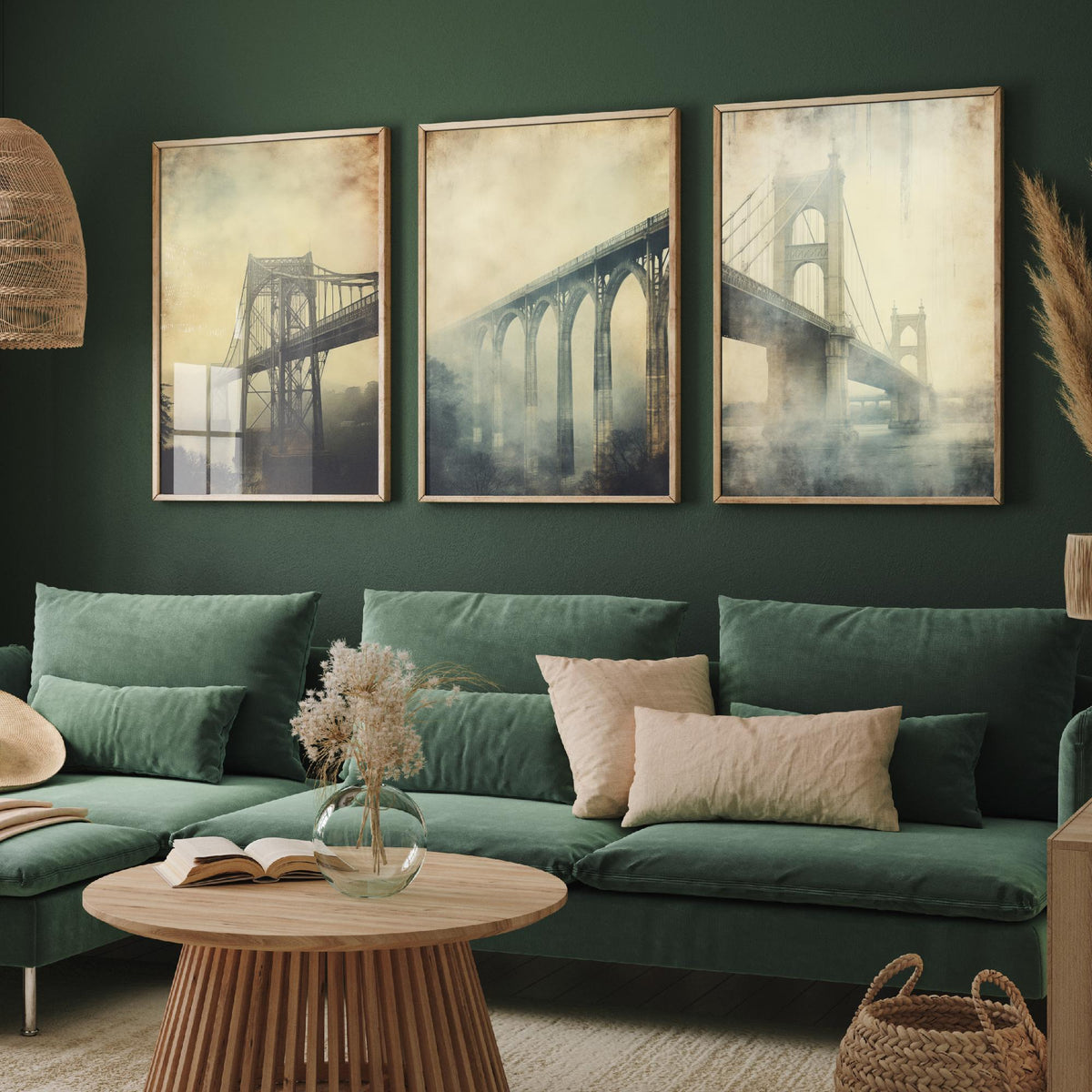 Misty Bridges Set of Three Art Prints - Steel and Stone Bridges in Fog - Grunge Vintage Poster Illustration
