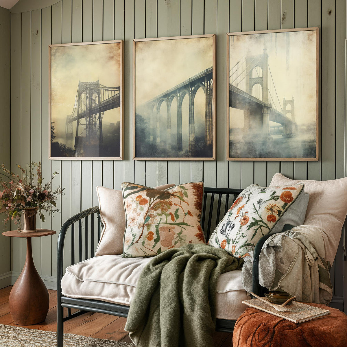 Misty Bridges Set of Three Art Prints - Steel and Stone Bridges in Fog - Grunge Vintage Poster Illustration