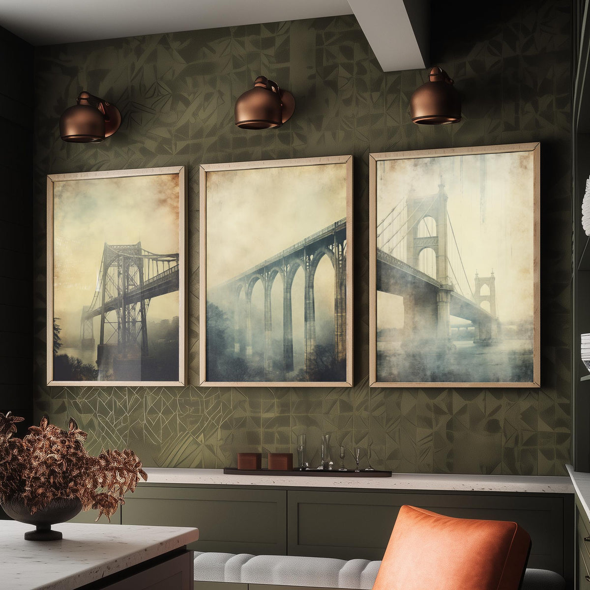 Misty Bridges Set of Three Art Prints - Steel and Stone Bridges in Fog - Grunge Vintage Poster Illustration