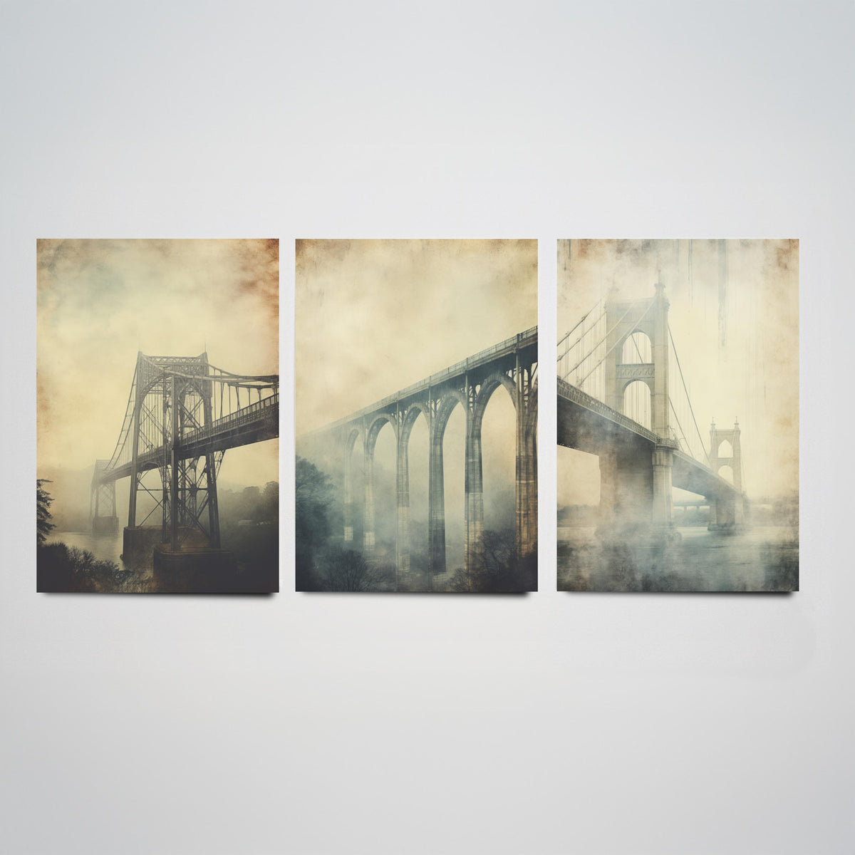 Misty Bridges Set of Three Art Prints - Steel and Stone Bridges in Fog - Grunge Vintage Poster Illustration