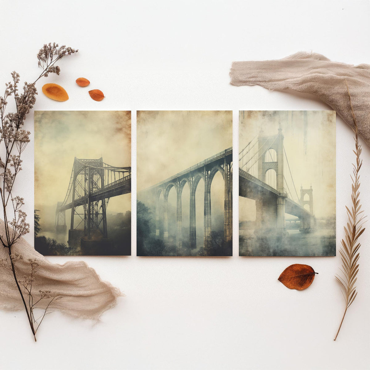Misty Bridges Set of Three Art Prints - Steel and Stone Bridges in Fog - Grunge Vintage Poster Illustration