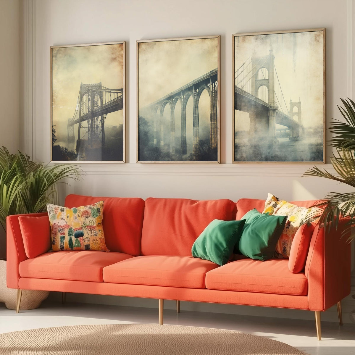 Misty Bridges Set of Three Art Prints - Steel and Stone Bridges in Fog - Grunge Vintage Poster Illustration