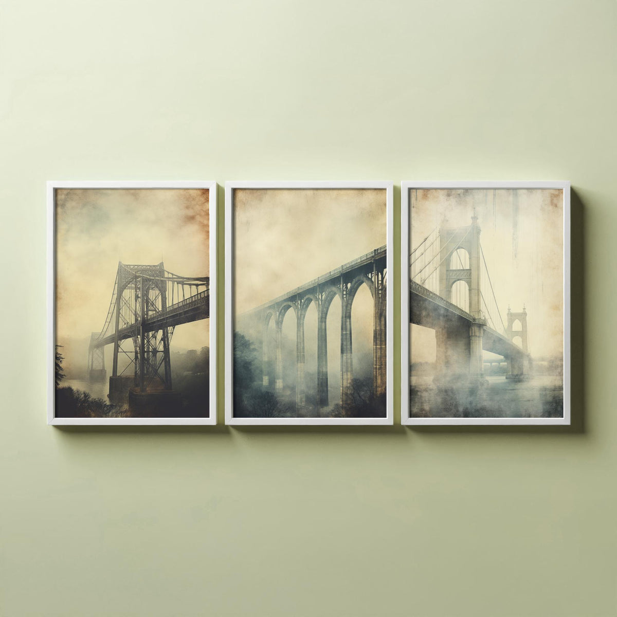 Misty Bridges Set of Three Art Prints - Steel and Stone Bridges in Fog - Grunge Vintage Poster Illustration